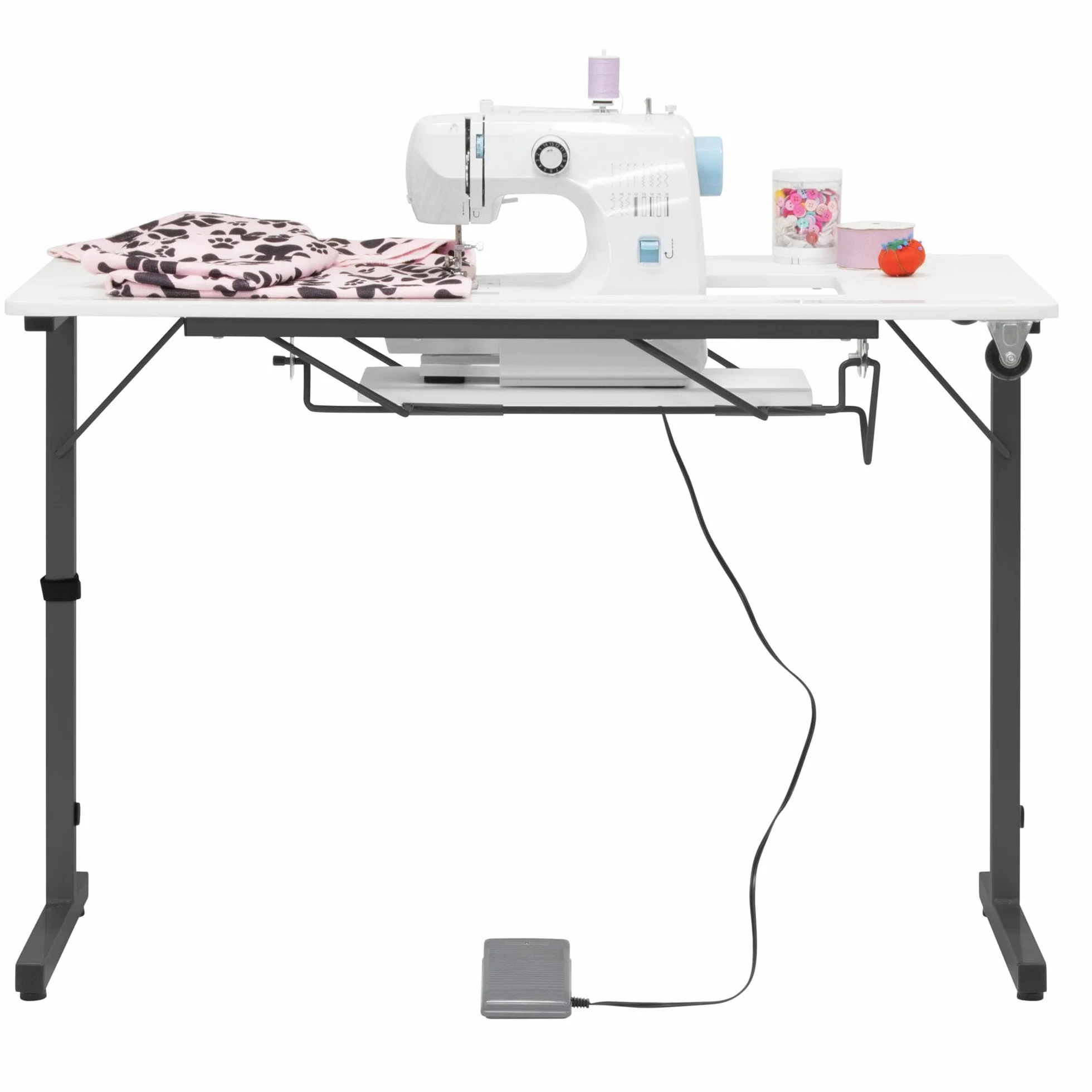 Sewing Online Tavolo da cucito pieghevole, piano bianco con gambe nere - Tavolo per macchina da cucire con piattaforma regolabile. Gambe pieghevoli per riporre e trasportare facilmente Ruote - 13399