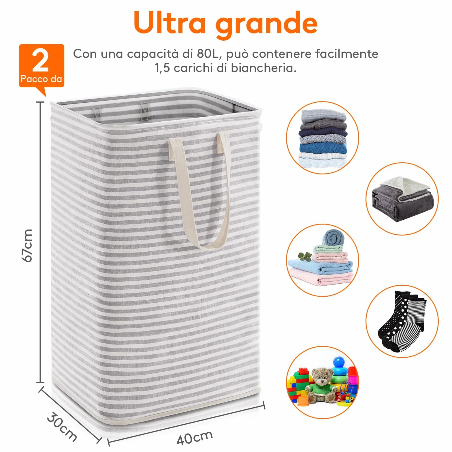 Lifewit Cesto Portabiancheria, Grande Cesta Portabiancheria Pieghevole con Manici Allungati, Portabiancheria Sporca, Laundry Basket per Vestiti, Asciugamani, Coperte, Grigio, 80 L, Set di 2