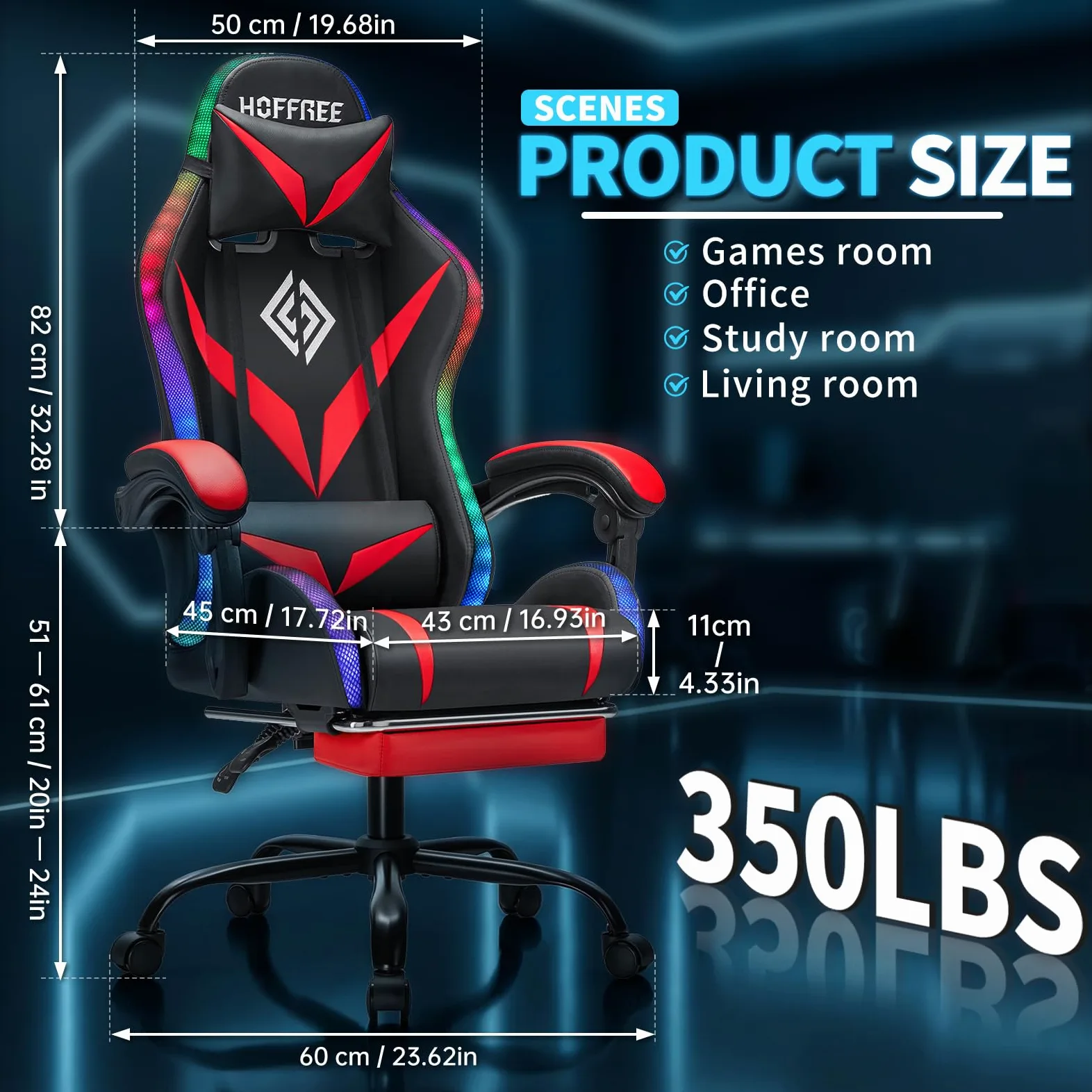 Sedia da gioco con altoparlanti e luce LED, sedia ergonomica per computer con massaggio e poggiapiedi, sedia reclinabile per videogiochi per adulti, supporto regolabile in vita, rosso e nero