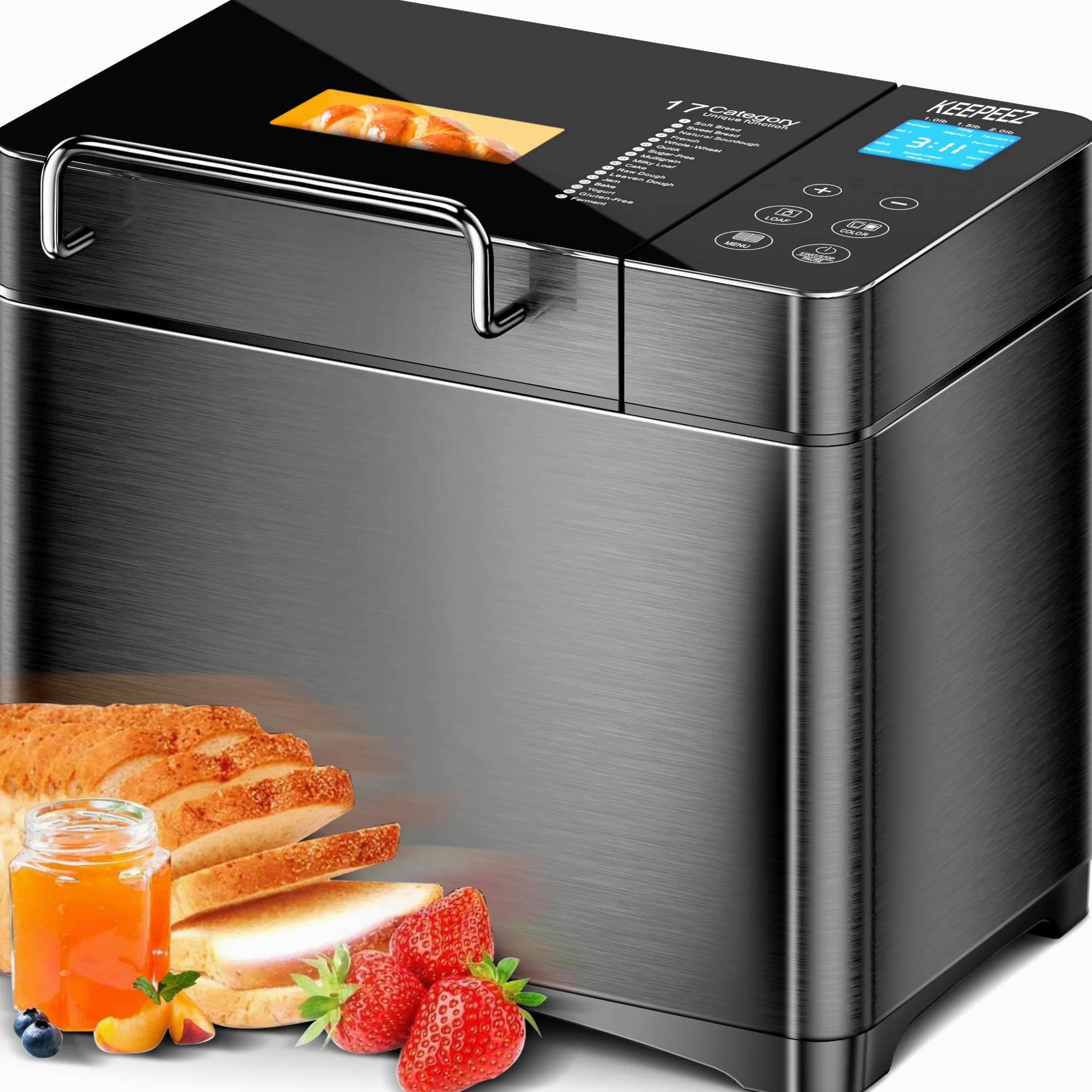 Macchina per il pane 17 in 1 – Due elementi riscaldanti, 710 W, in acciaio inox, senza glutine, impasto, marmellate, programmi di yogurt, dispenser per noci, stampo in ceramica e touch screen