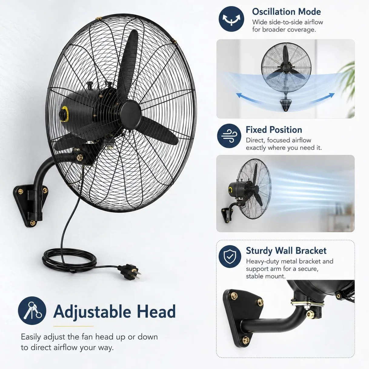 Ventilatore Industriale da Parete 55/70/80 cm, Oscillante, 3 Velocità, Nero | Grande, Motore in rame, metallica, cavo 3 m, per garage, officina, magazzino Palestra e Ristorante(70cm/27inch)