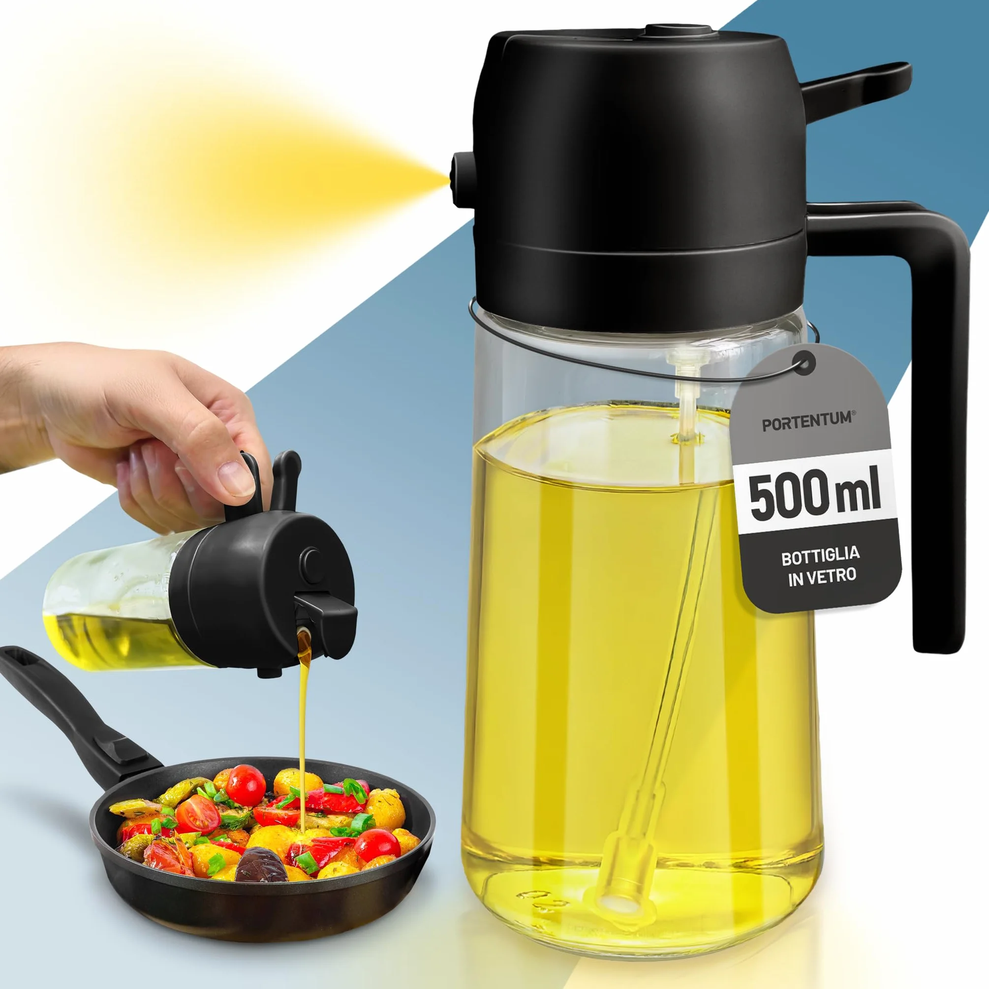 PORTENTUM Spruzzino Olio per Friggitrice Aria 500ml 2 in 1, Bottiglia e Oliera, Accessori Friggitrice Aria Nero