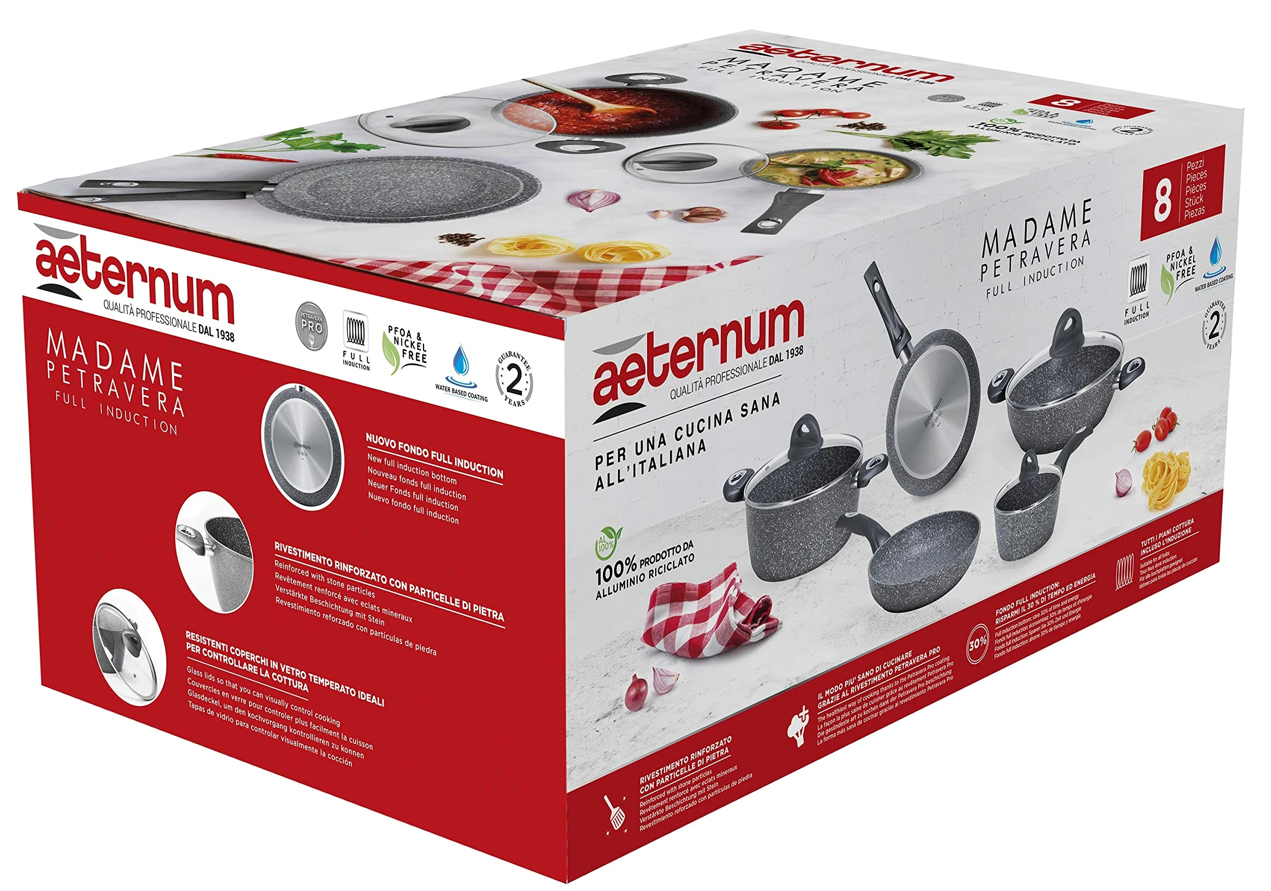 Aeternum, Madame Petravera 3.0, Batteria 8 pezzi, 2 padelle 20-24 cm, 2 casseruole 16-20 cm, 1 tegame 28 cm, 3 coperchi 16-20-28 cm, Ideale per Induzione, Full Induction, Grigio