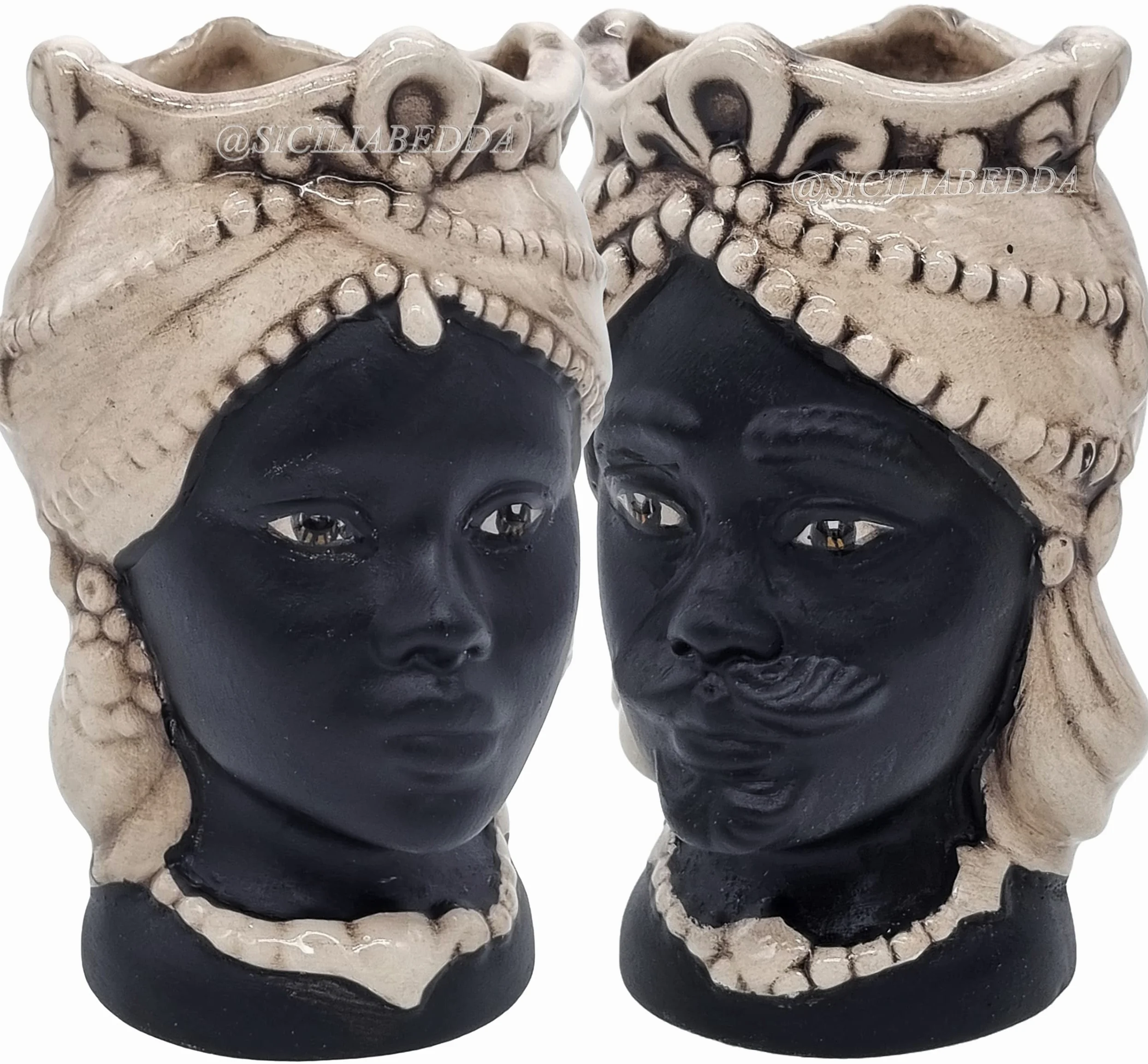 sicilia bedda - Teste di Moro Siciliane in Ceramica di Caltagirone - Volto Satinato/Stile Moderno - Altezza 15Centimetri (Coppia, Avorio)