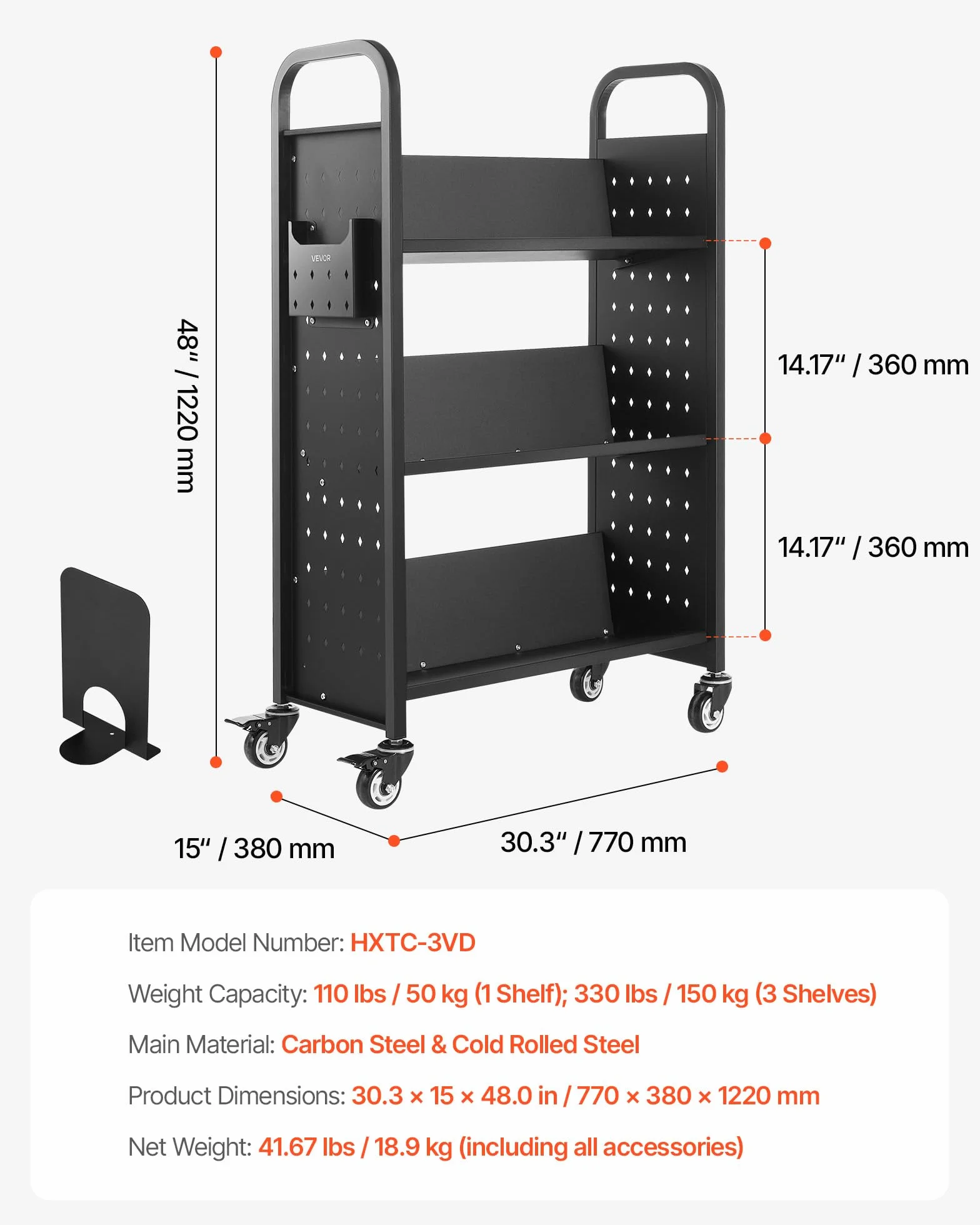 VEVOR Carrello Portalibri con Ruote 770 x 380 x 1220 mm Carrello Rotante Porta Libri, Carico 150 kg Ripiani a V Monofacciali con Ruote Bloccabili 7,6 cm per Scaffali di Casa, Ufficio e Scuola, Nero