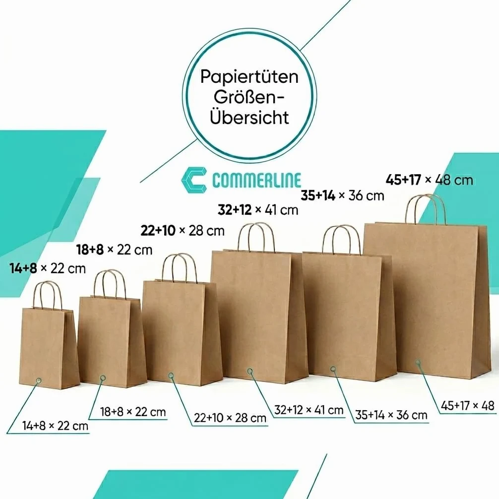 Commerline 100 pezzi Sacchetti di carta marrone con manico, 35+14x36 cm Sacchetti di carta kraft con maniglia in corda, sacchetti di carta per la spesa e il confezionamento, sacchetti regalo per feste