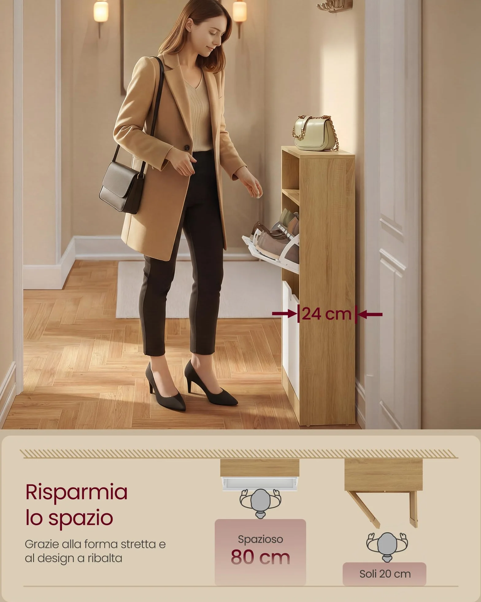 VASAGLE CUSTOS Collezione Scarpiera 24 x 80 x 102 cm 14-16 Paia Rovere Dorato e Bianco Nuvola