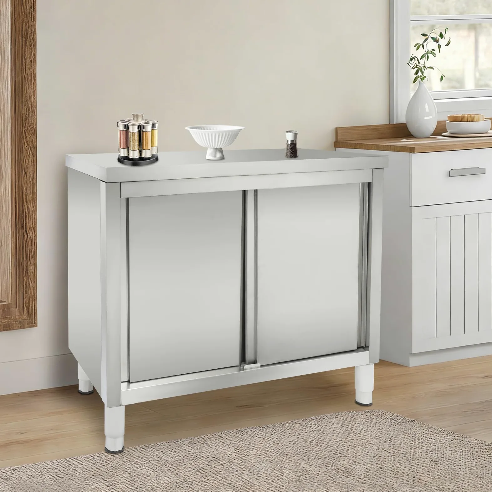 Armadio da lavoro con ante scorrevoli, piano da lavoro in acciaio inox, armadio con piano da lavoro per cucina, armadio autoportante in acciaio inox, tavolo in acciaio inox per cucina