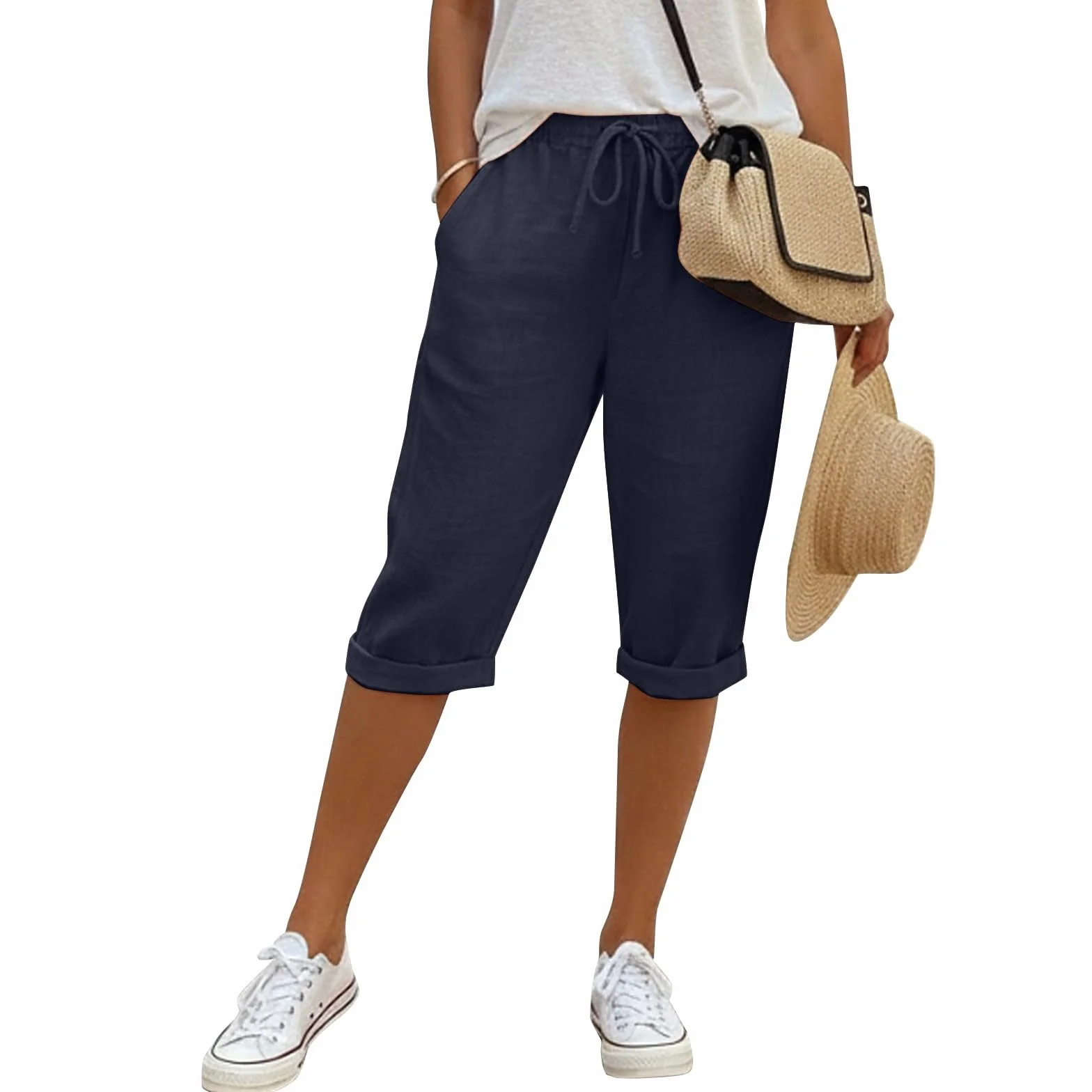 Pantaloni Lino Donna 3/4 Curvy Pantaloncini Donna Estivi In Cotone E Lino Leggeri Vita Alta Con Coulisse Ed Elastico Shorts Bermuda Larghi Eleganti Con Tasche Casual Per Spiaggia Sport E Tempo Libero