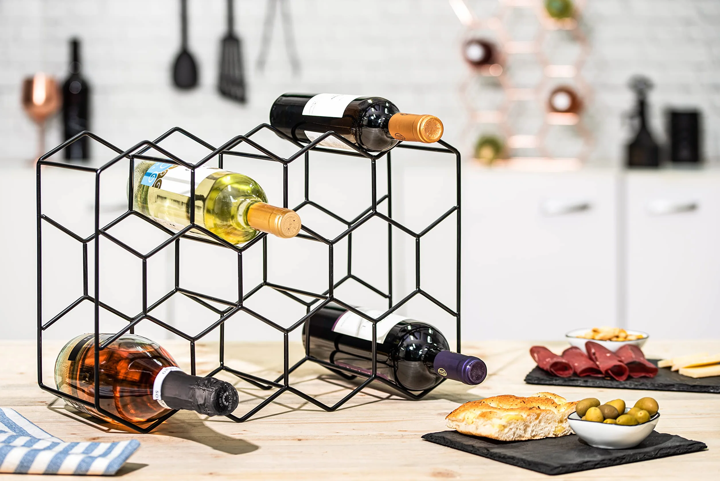Gusto Nostro Portabottiglie da Tavolo Metallico Nero 14 Bottiglie 3 Ripiani Porta Vini Freestanding