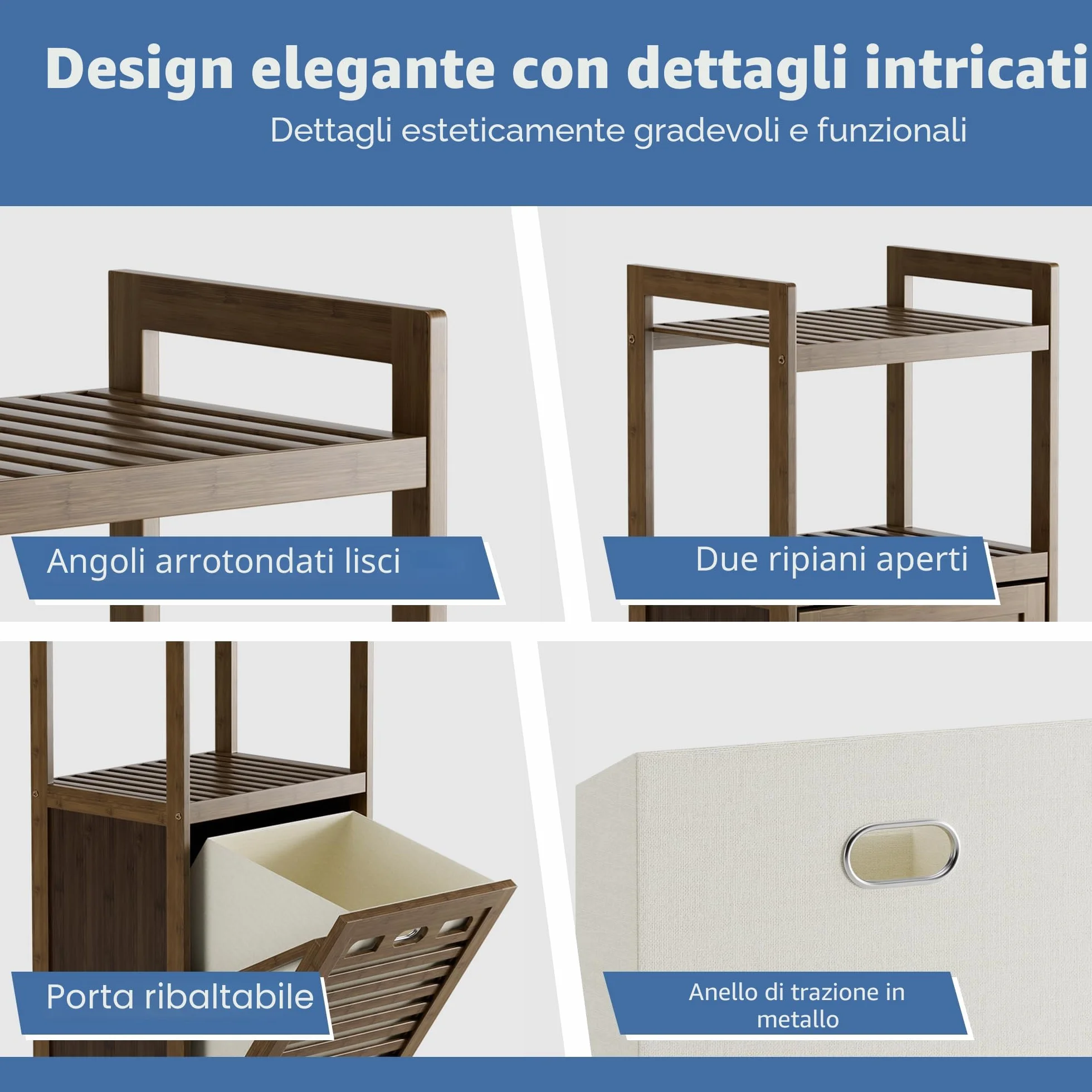 HITNET Mobile Bagno con Portabiancheria, Mobiletto Bagno da Terra in Bambù 2 Ripiani con 1 Cesto Portabiancheria, 40L Sacco Interno Rimovibile con Maniglie per Lavanderia e Camera da Letto, Noce