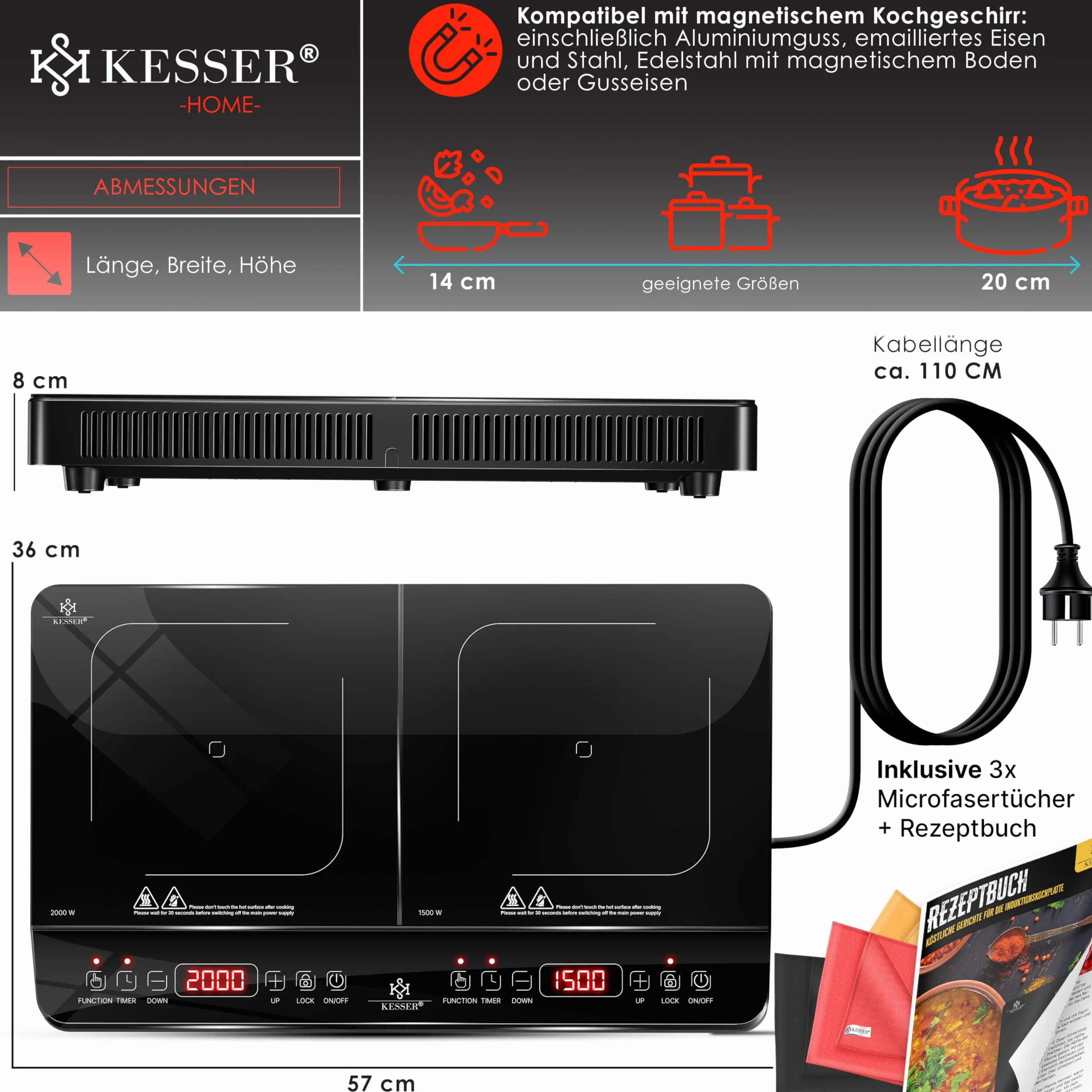 KESSER Piano cottura a induzione 2 piastre 3500W portatile 57 cm, 8 impostazioni calore, timer, touch control, booster