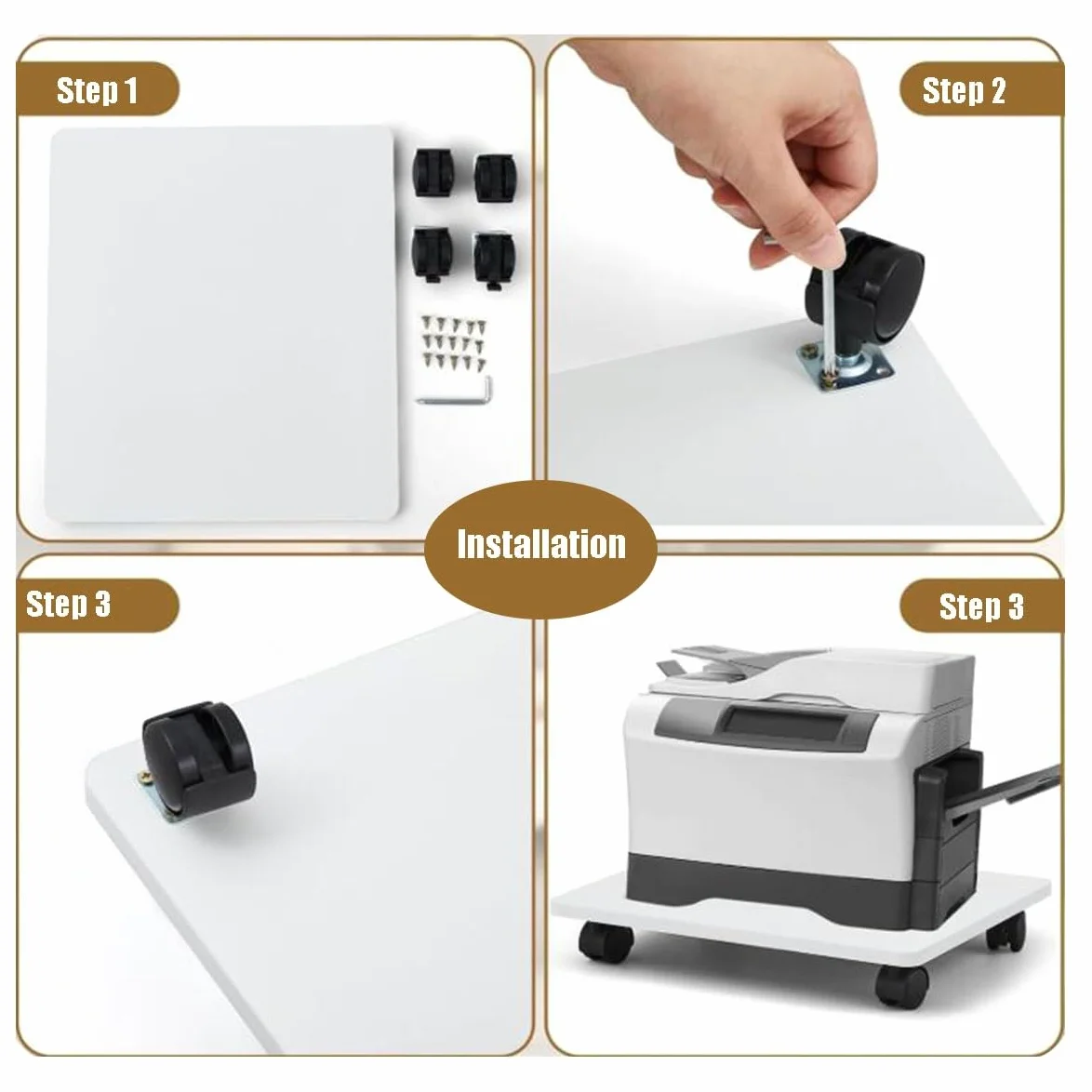 Supporto per Stampante con Ruote bloccabili, ripiano Mobile per Stampante/fotocopiatrice, Design Quadrato in Legno, Ideale per casa o Ufficio.
