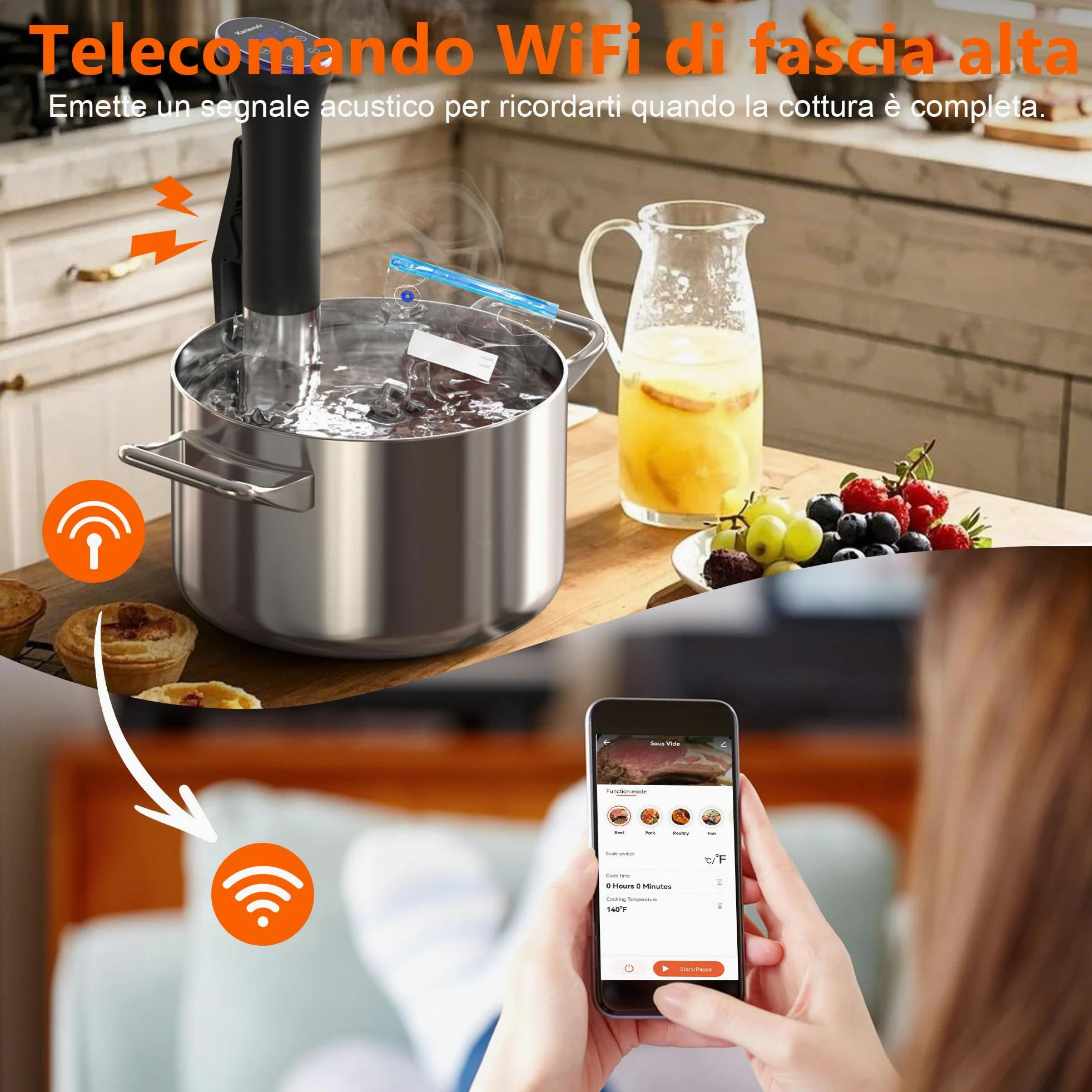 WiFi Sous Vide Roner 1100W, Wi-Fi Roner Cucina a Bassa Temperatura con Controllo APP e Controllo Accurato Della Temperatura, LED Display, Impermeabilità IPX7, 10℃-90℃