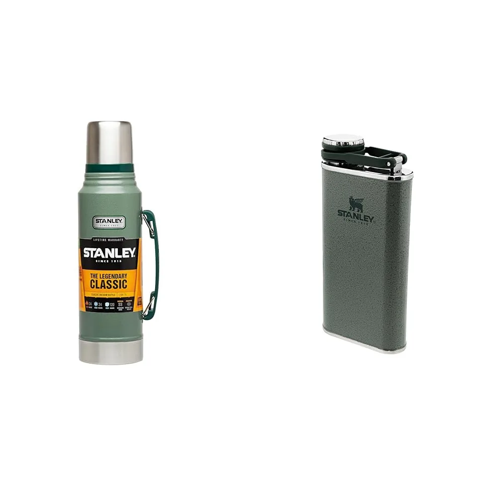 Stanley Classic Legendary Thermos 1L - Mantiene la Temperatura 24 Ore (Caldo/Freddo) & Classic Wide Mouth Flask 0,23L Hammertone Green with Never- Lose Cap