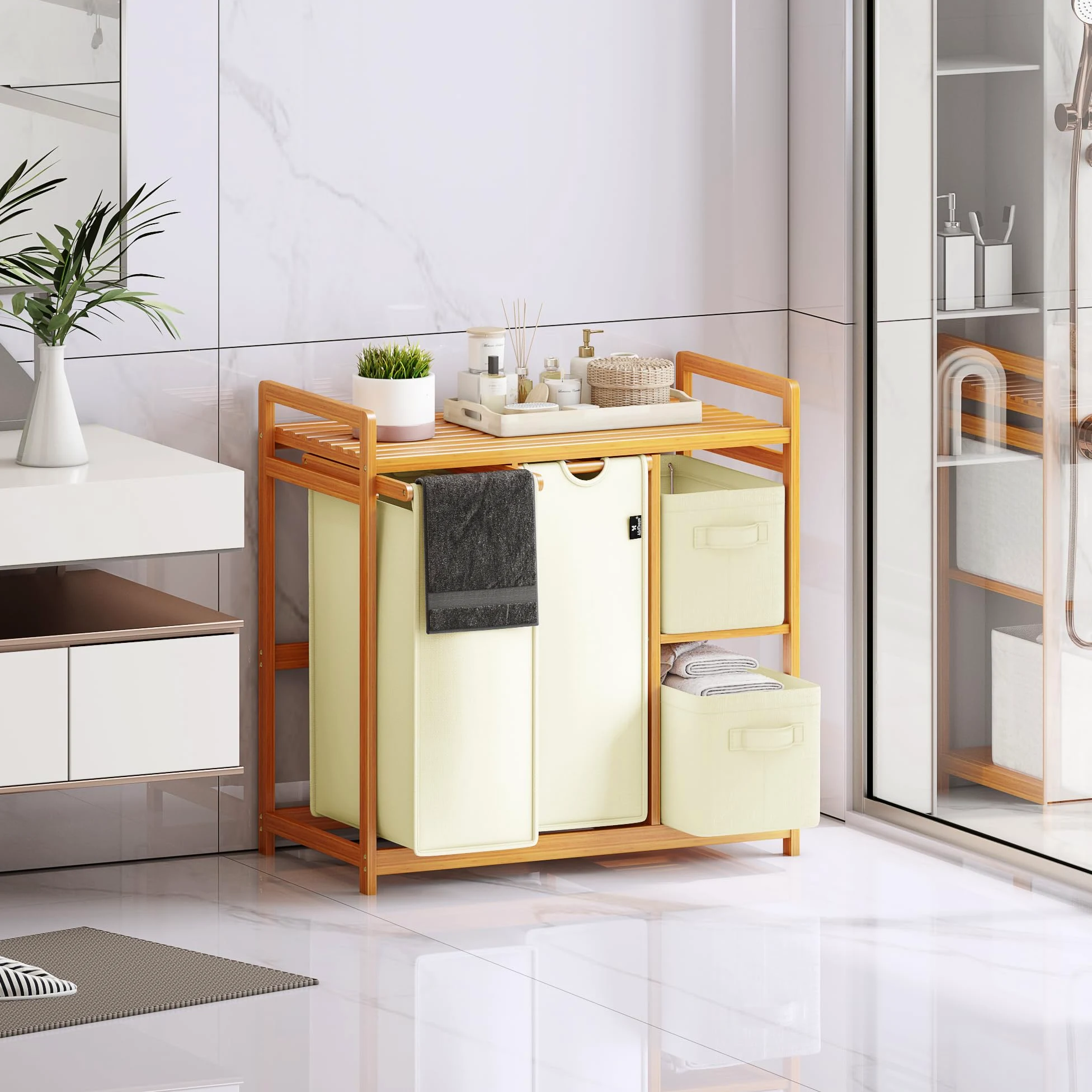 AdelDream B0FCXLP1 - Cesto portabiancheria a 4 scomparti, 140 l, con cestino, con 2 sacchetti per la biancheria e 2 scatole di stoffa con ripiano, in bambù, per la biancheria, colore: Beige