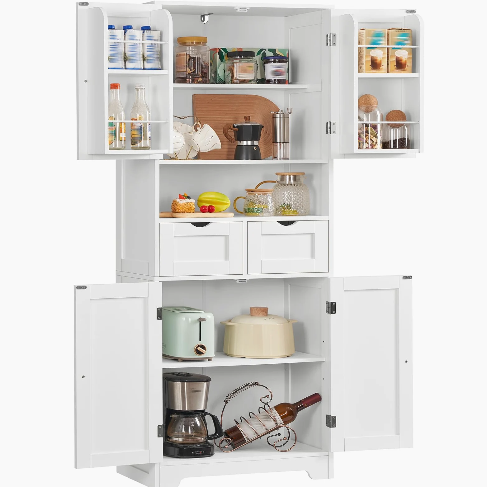 TEENFON Credenza Cucina Alta, Mobile Dispensa Alto 4 Ante e 2 Cassetti con Ripiani Regolabili e Portaspezie sulla Porta, Armadio Multiuso per Cucina, Soggiorno, Bagno, 60 x 30 x 161 cm, Bianco