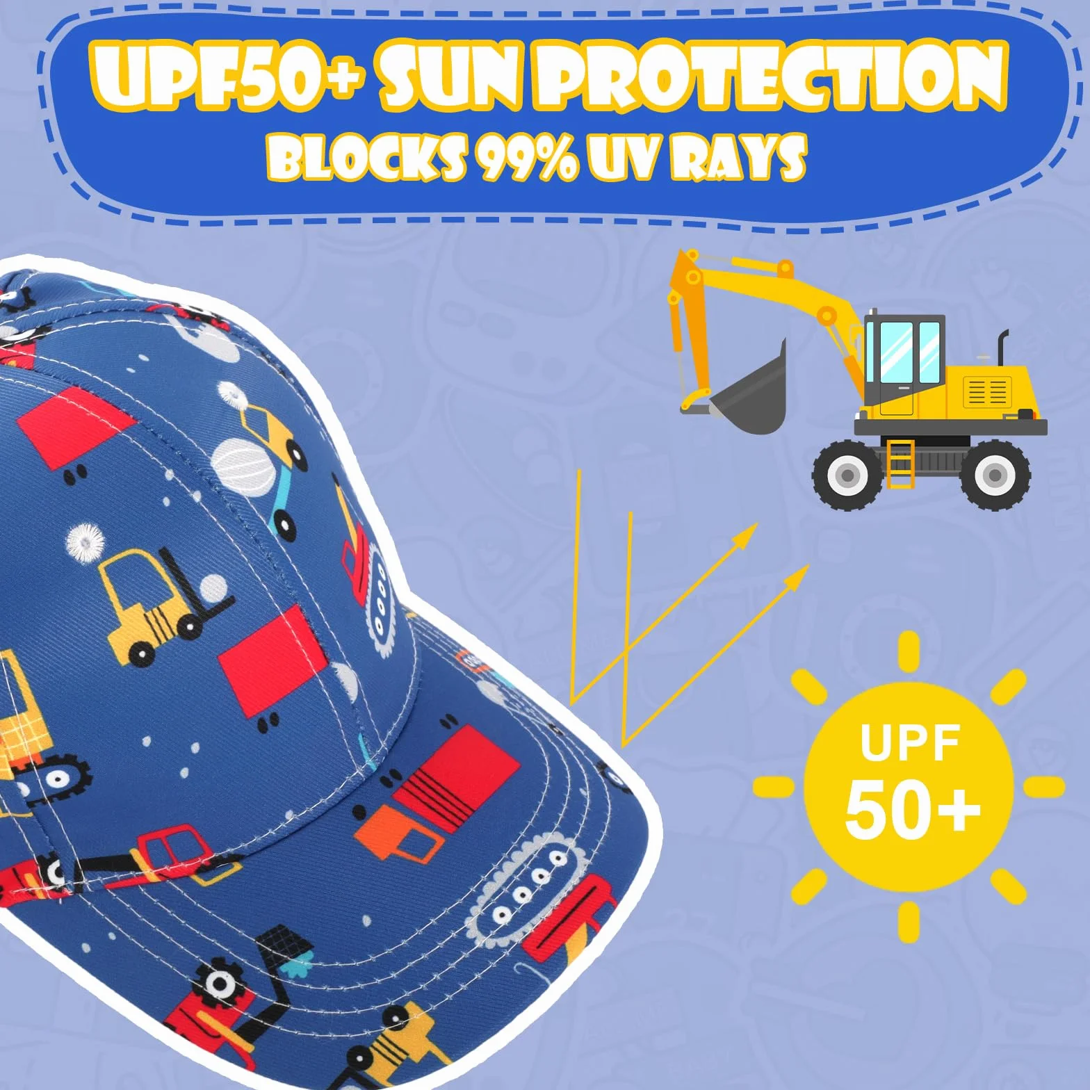 Cappellino Baseball Bambini 3-8 Anni Protezione UV Visiera Larga Berretto Sportivo Regolabile Chiusura Fibbia Design Camion Cantiere Escavatore
