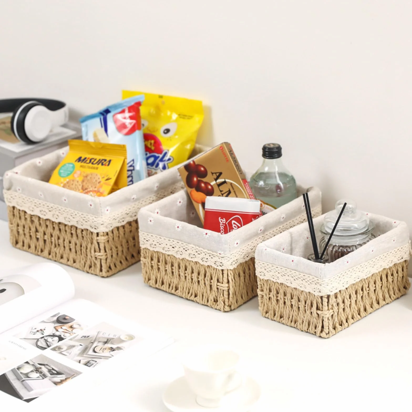 Cestini Portaoggetti Intrecciati a Mano con Coperchio - Corde di Carta Riciclata, Fodera Lavabile - Organizer Multifunzione per Bambini, Bagno, Cucina - Stile Boho Decor (Beige)