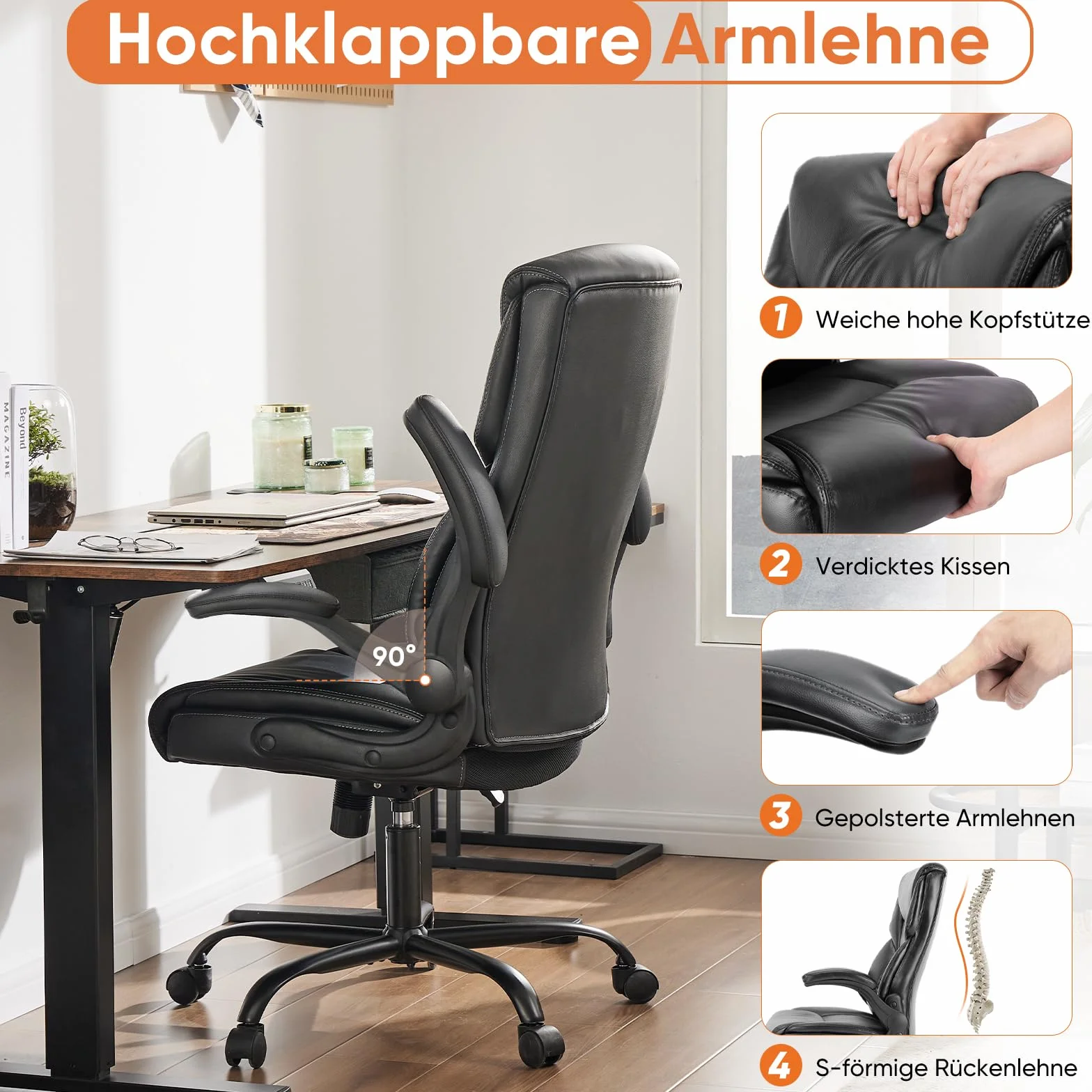 Sweetcrispy Ergonomischer Büroschreibtisch Computer Spielstuhl Sedia da Tavolo con Schienale Alto, con braccioli ribaltabili, Metallo, Nero, 1 Set