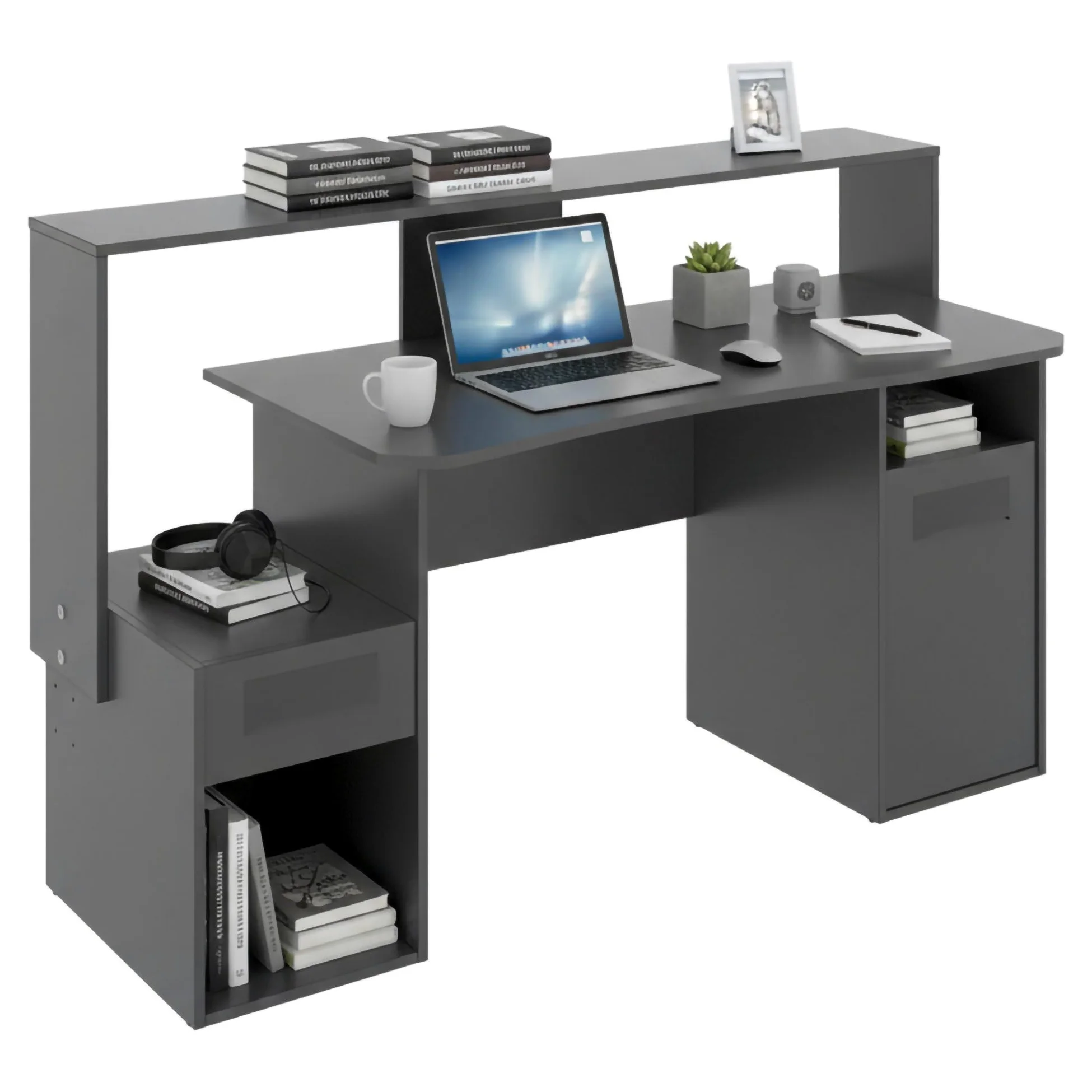 Dmora - Scrivania Manos, Scrittoio multifunzione moderno da gaming, Tavolo da studio porta PC e porta CD, 154x69h98 cm, Antracite, senza luci LED