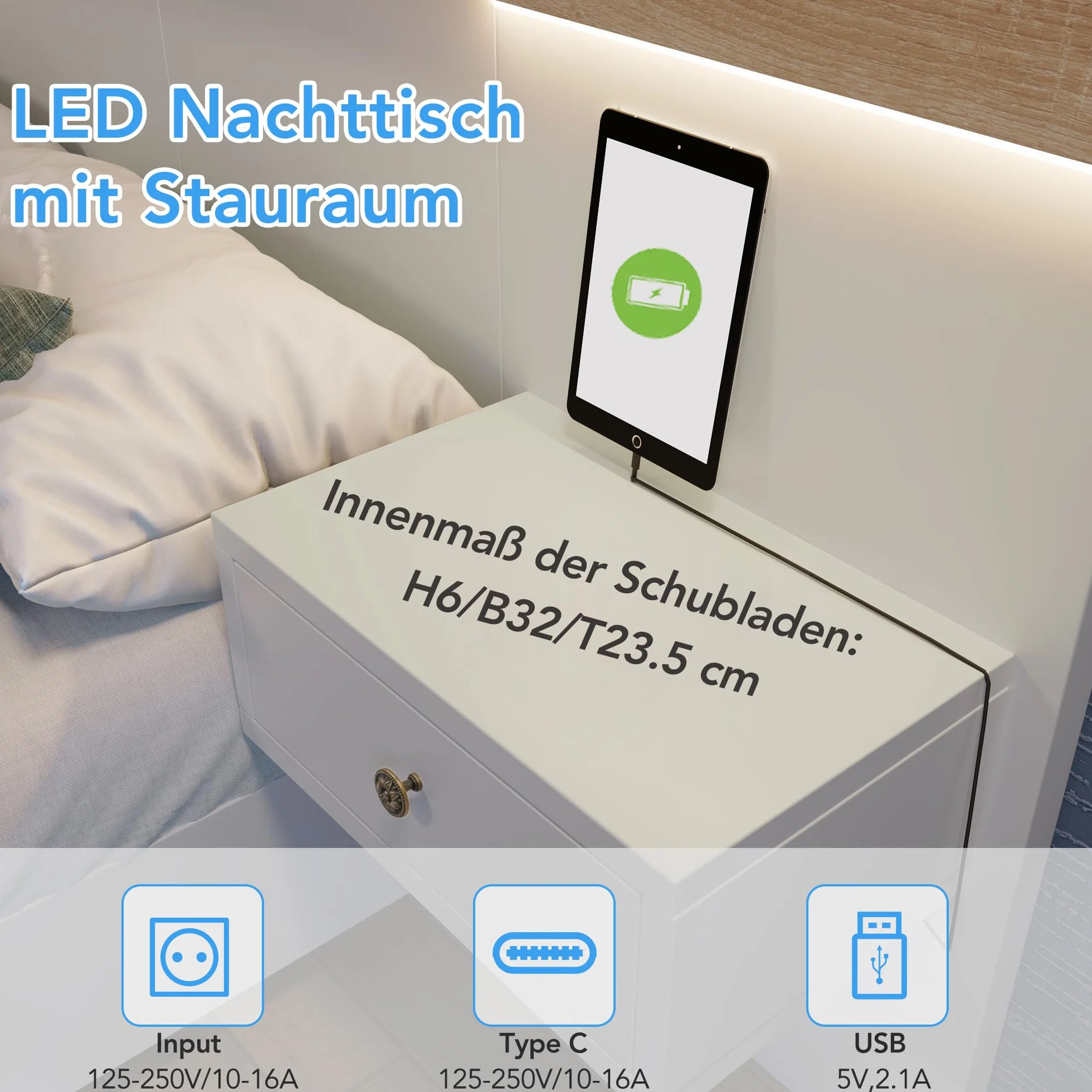 Sapgaks Letto 160 x 200 con doghe e testa,letto baule con 2 tavolini da notte a LED e presa USB, letto per 2 persone con stoccaggio, cornice doppia, set in rovere bianco (senza materasso)