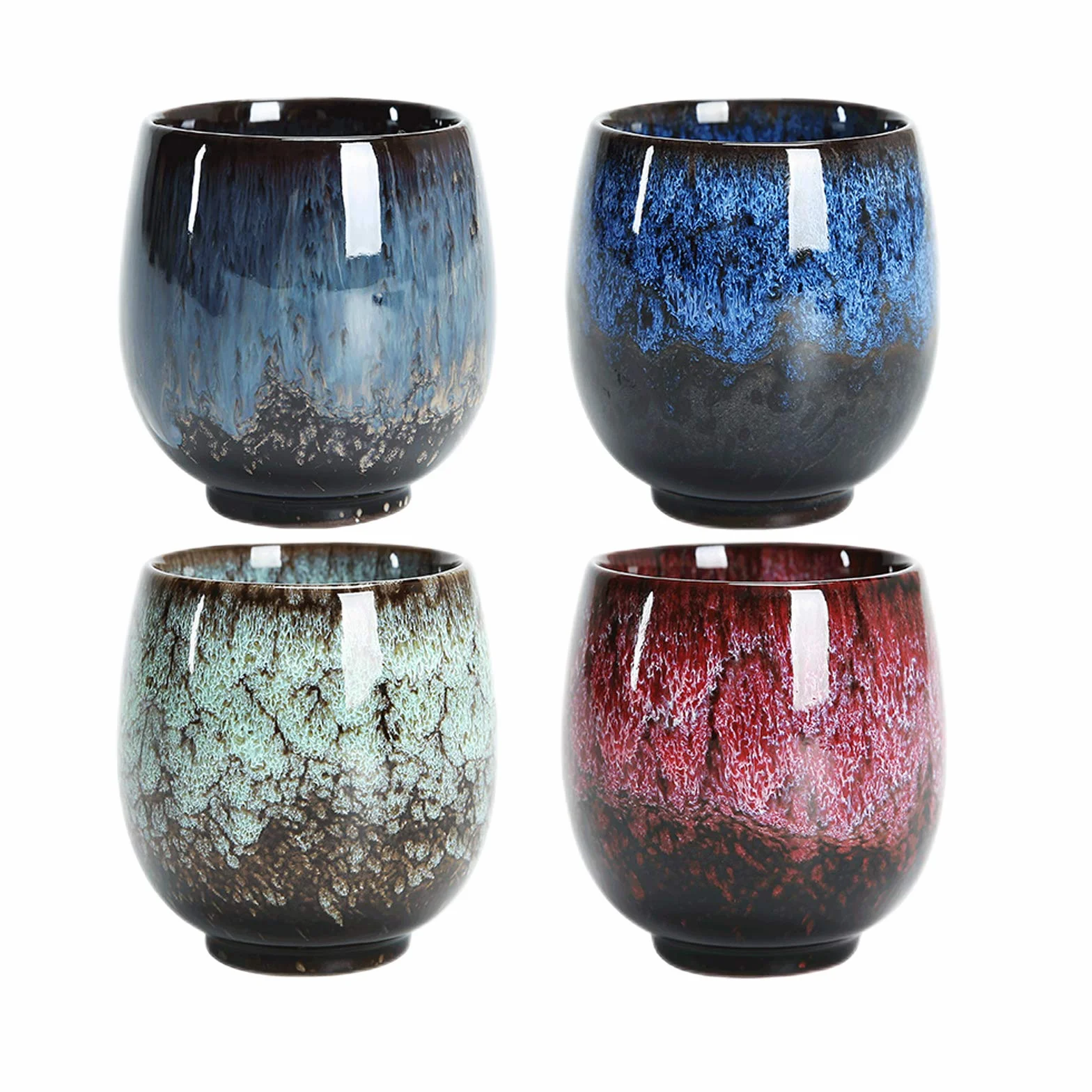 Set di tazze da tè in ceramica giapponese fatte a mano, 4 pezzi, smaltata multicolore flambed