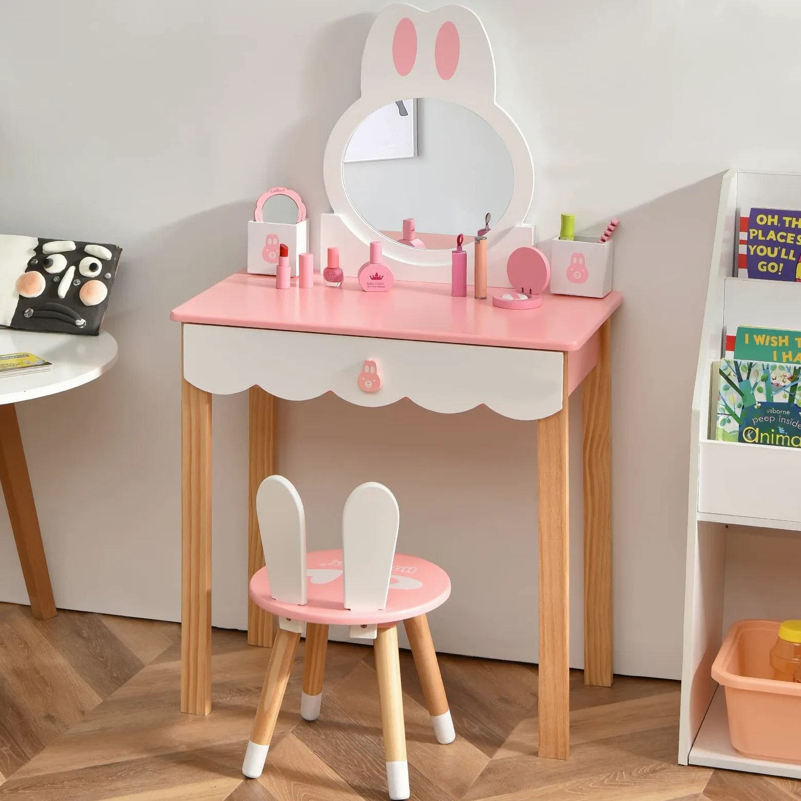 RELAX4LIFE 2 in 1 Toeletta Trucco Bambina con Sgabello, Scrivania con Specchio Rotondo Rimovibile, Cassetto con Manopola e 2 Organizer Porta Trucchi/Penne (Rosa)