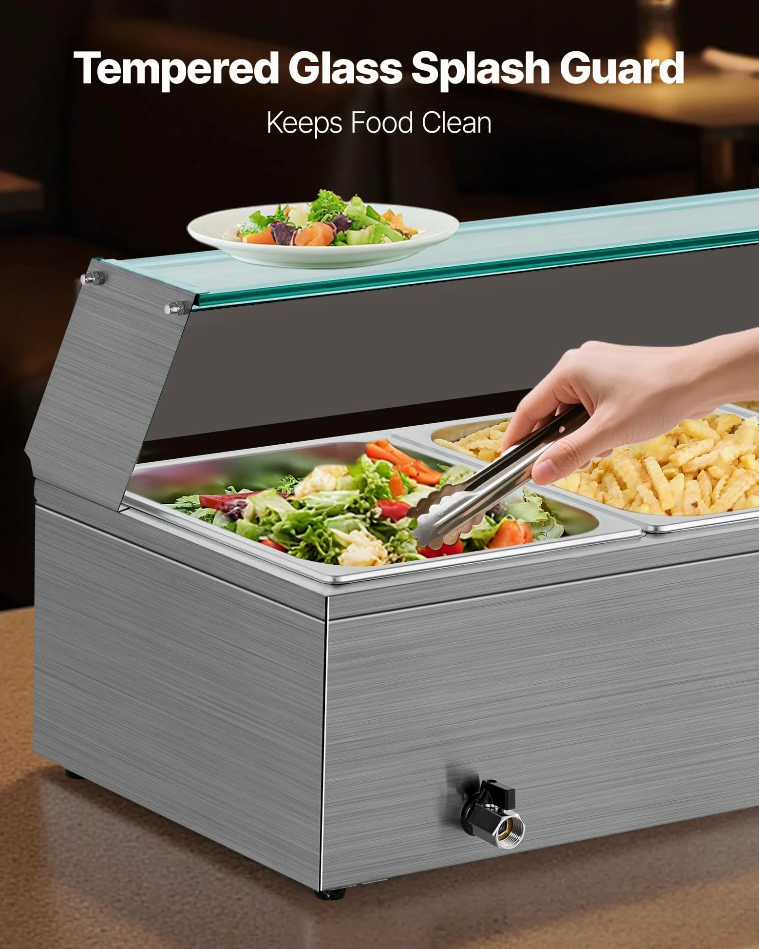 VEVOR Scaldavivande Commerciale Buffet 3 Contenitori da Dimensioni 1/2, Contenitore Scaldavivande Elettrico in Acciaio Inox da 1,5 kW con Coperchio in Vetro e Mestolo per Zuppa, per Catering, Feste