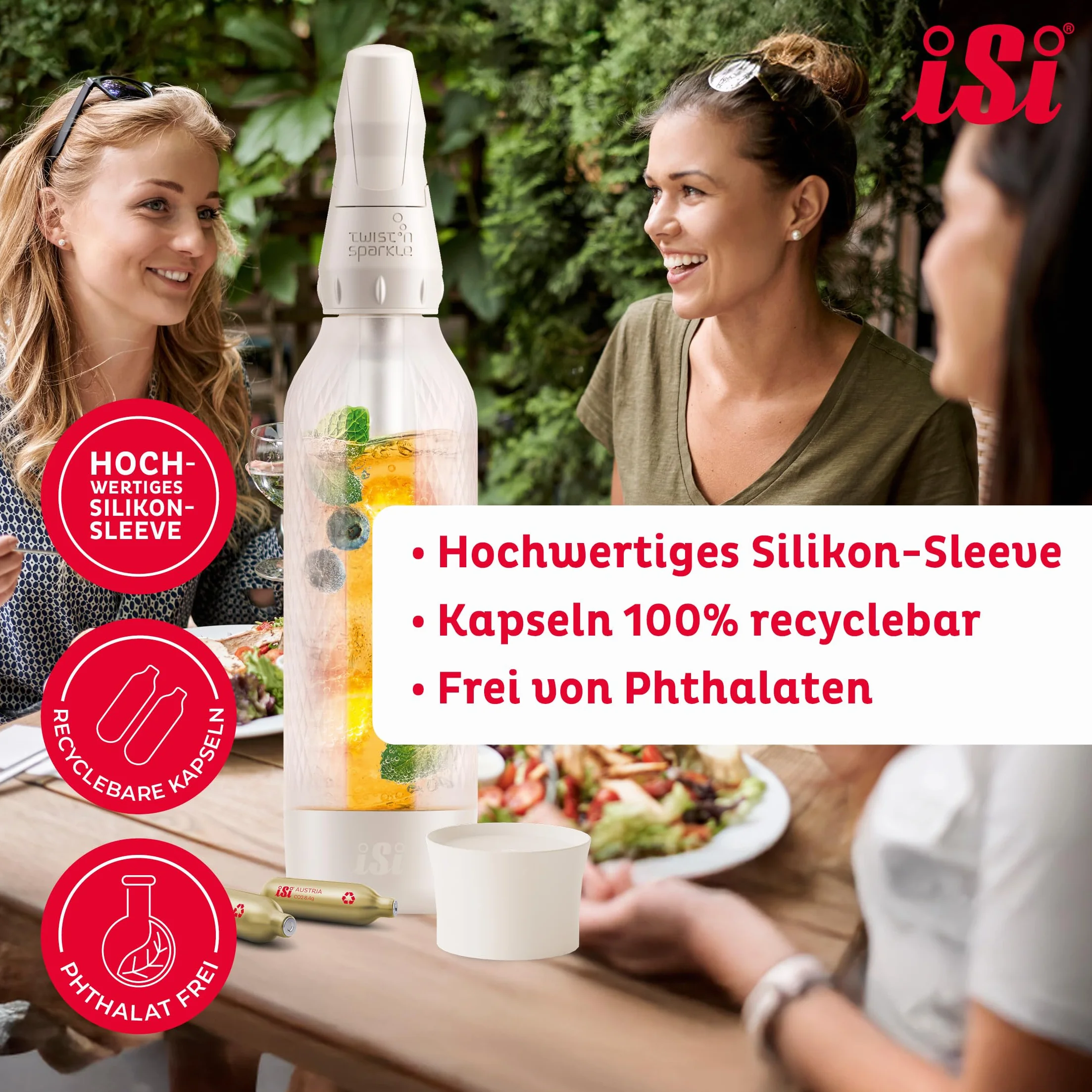iSi Twist'n Sparkle Virtuoso Spruzzatore d'acqua 0,95 l – Soda Maker per acqua frizzante, succhi e cocktail – Sprudler & Soda Maker con custodia in silicone antiscivolo – Macchina alternativa per