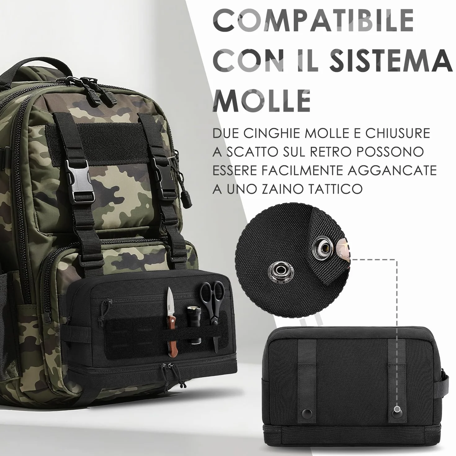 ETRONIK Beauty Case Uomo,Tactico Beauty Case da Viaggio con MOLLE, Impermeabile Borsa Toilette con Tasca Bagnata per Doccia e Palestra,Kit da Barba Appendibile per Toeletta, Nero