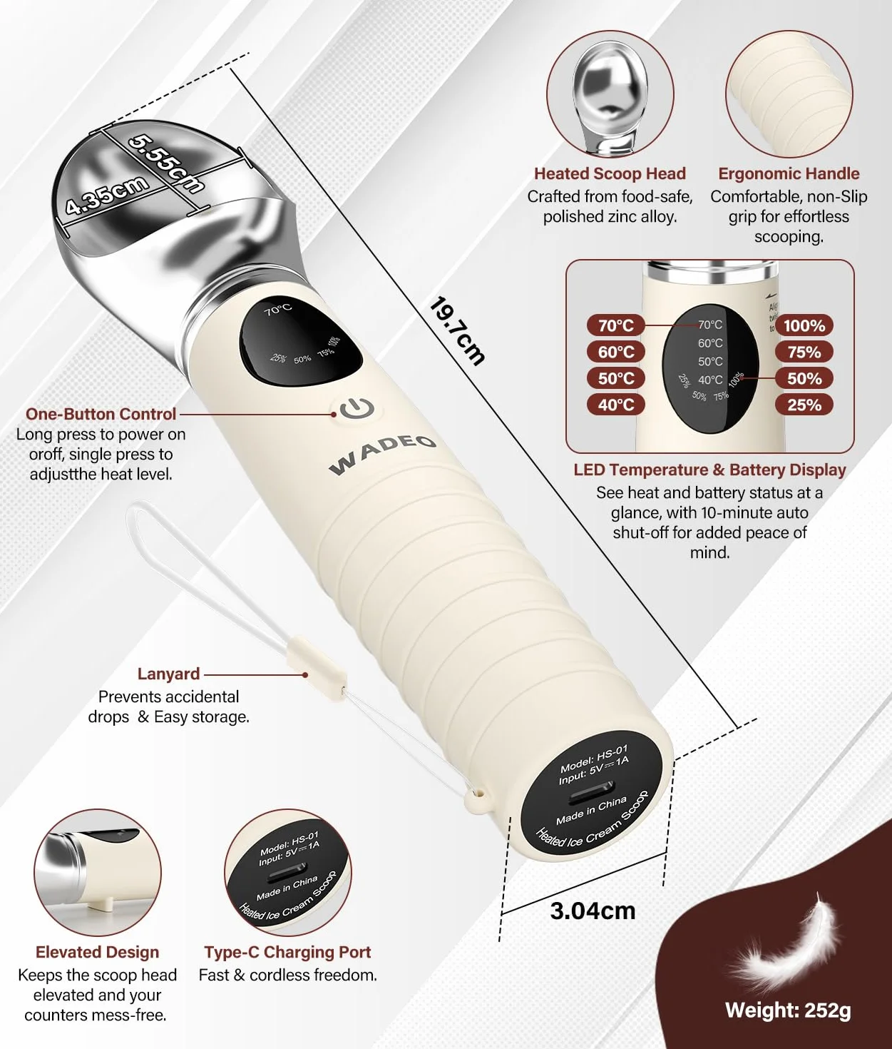 Cucchiaio per Gelato Riscaldabile Ricaricabile WADEO, 4 Temperature 40-70°C, Display LED