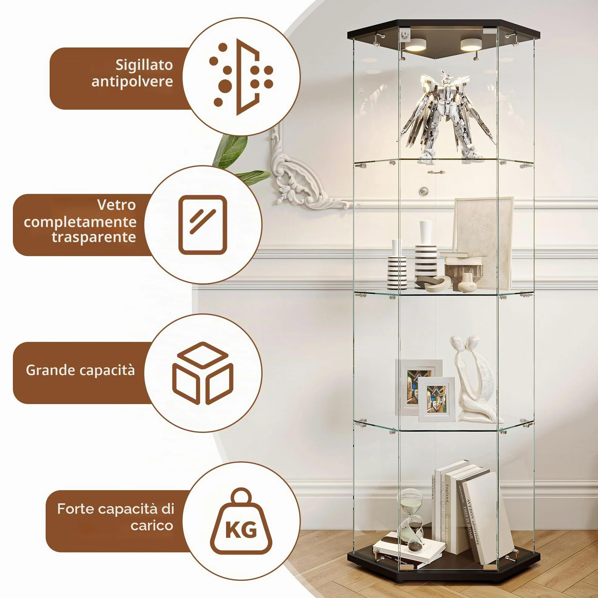 Vetrina Angolare in Vetro con illuminazione a LED, Espositiva Vetrina a 4 Strati da Collezione con Serratura, per Oggetti da Collezione, Libri, 4 Ripiani 1 Ante, Nero A