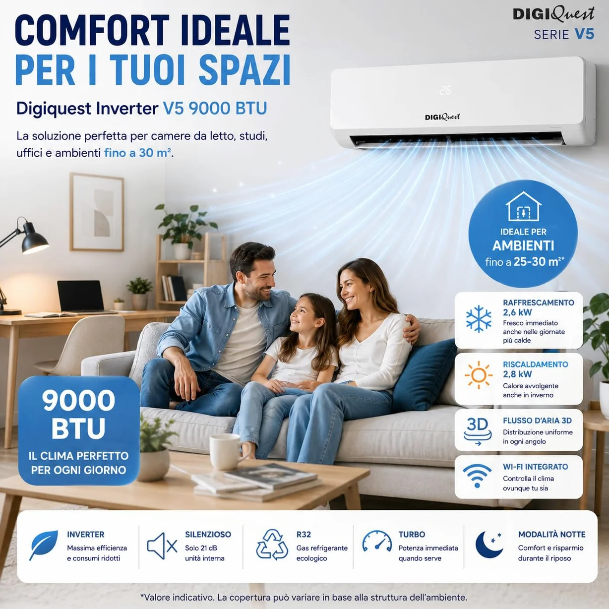 Climatizzatore Digiquest Inverter V5 9000BTU | Wi-Fi integrato | R32 | Classe A++ Raffreddamento/A+++ Riscaldamento | I FEEL | Flusso d'aria 3D | TURBO | Notte | SEER 6,1 |SCOP 5,1 | CLIMA00062