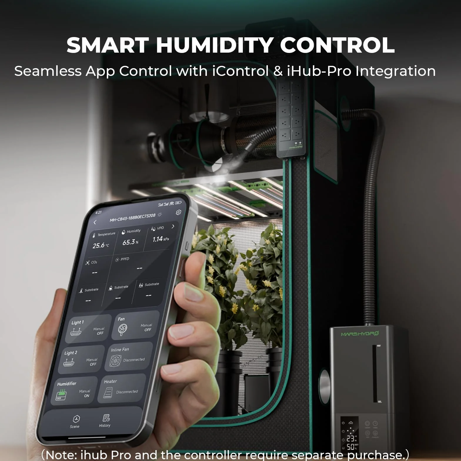 MARS HYDRO Umidificatore 6L con igrometro e funzione timer, preciso, funzionamento a ultrasuoni silenzioso, guarnizione a tenuta stagna, adatto per tende di allevamento, coltivazione in interni, serre