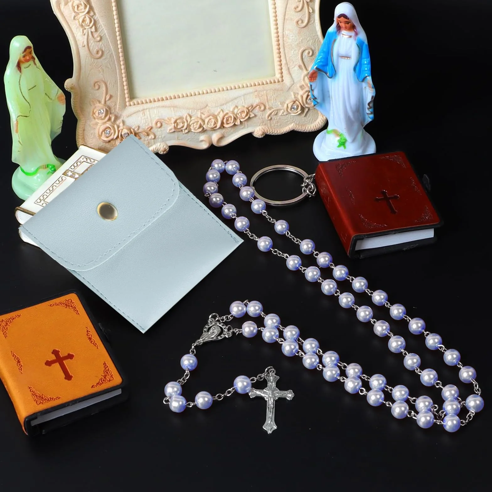 Rosario cattolico, rosario per comunione con croce retrò, sacchetto regalo in velluto, elegante croce. battesimo, comunione, matrimonio, comunione, festa (lilla)