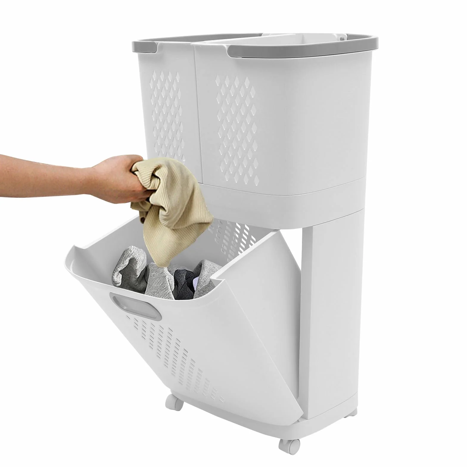 Cesto lavanderia a 4 ruote, carrello lavanderia con 3 cesti e maniglia, cesto lavanderia con telaio in metallo, per bagno, lavanderia, bianco