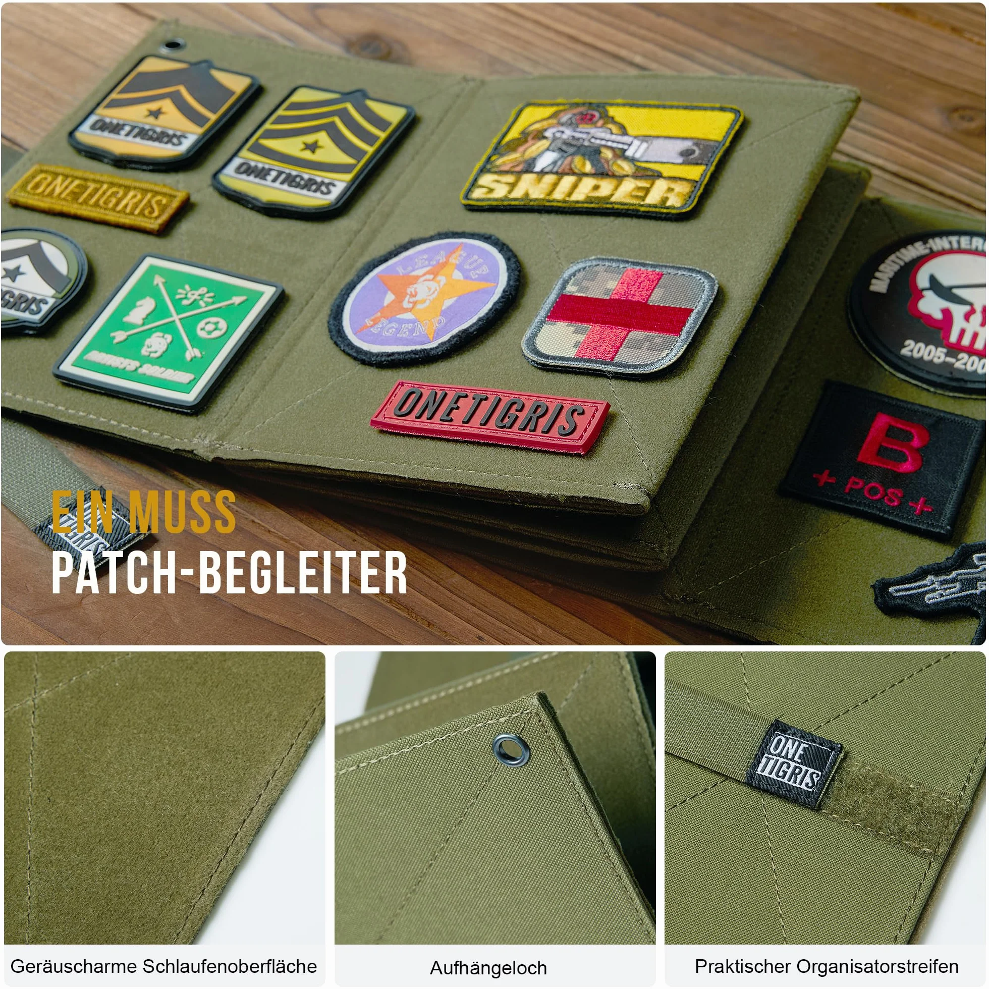 OneTigris Pannello Espositivo Tattico Pieghevole per Patch, 112 x 20,5 cm, Organizer a Booklet per Patch Militari