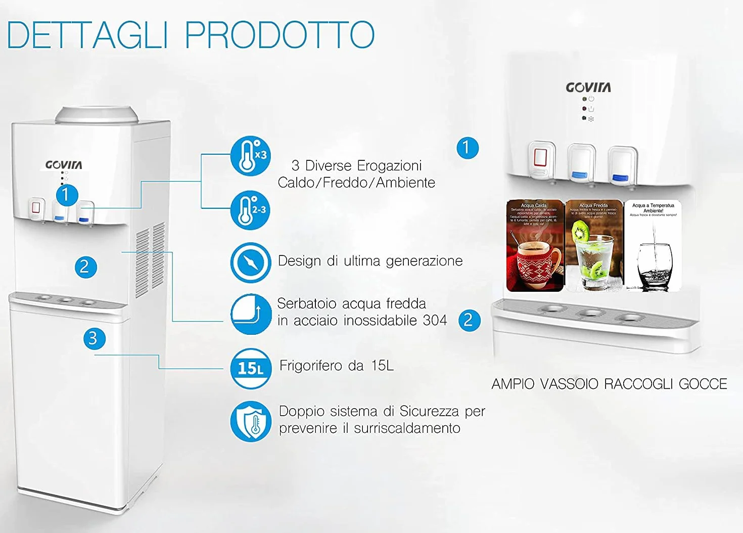 GOVITA Water Dispenser Boccioni Refrigerante Colonnina da Terra Bianco
