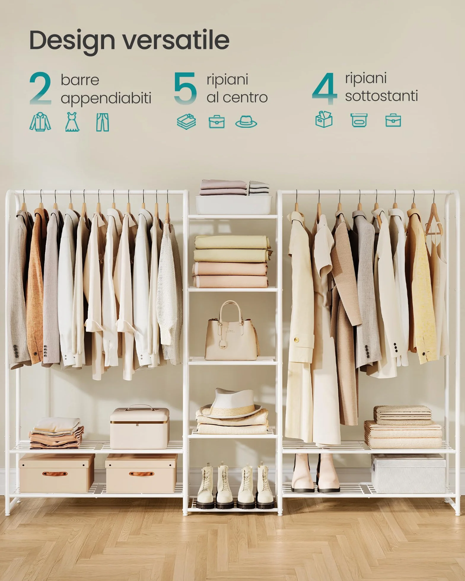 SONGMICS Appendiabiti Armadio Aperto Asta Portabiti Guardaroba in Metallo Bianco Opaco LGR463W01