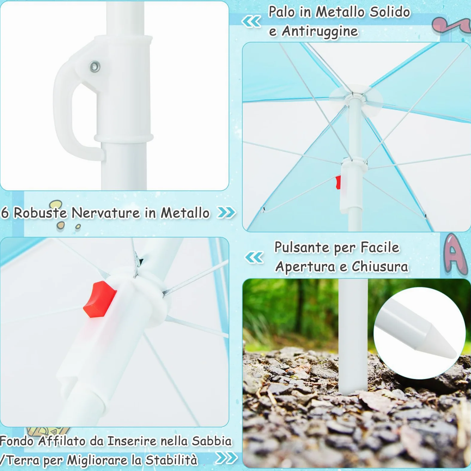 COSTWAY Set Tavolo e Sedie per Bambini da Giardino 3 in 1, con Ombrellone Rimovibile e Regolabile, Piano Rimovibile, Tavolo con Panche in Legno per Bambini da Interno Esterno (Blu e Bianco)