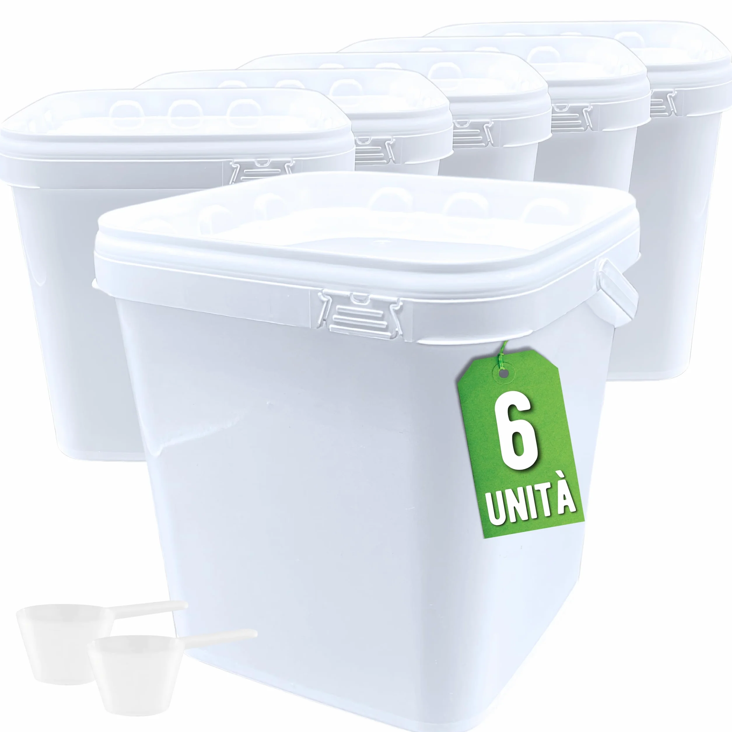 Üka • 6 Secchi Bianchi in Polipropilene da 5,4 L - 20x20x20,5 cm. Secchi di Plastica Rigida con Coperchio. Contenitori Ermetici per Alimenti. Secchi Vuoti con Manico. Design Impilabile e Senza BPA.