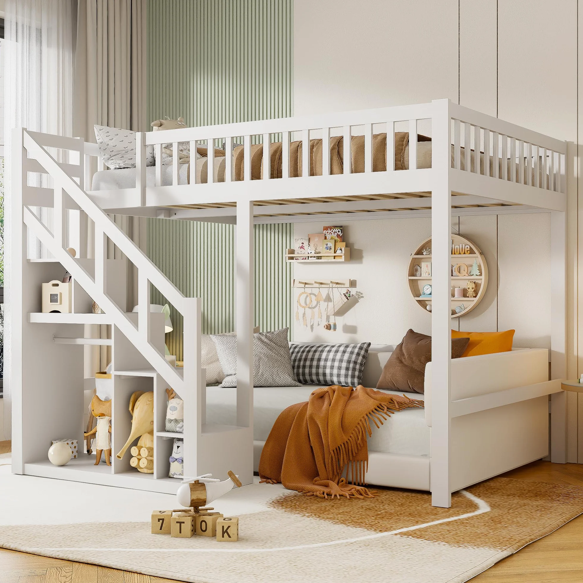 Letto a Soppalco 140x200cm con Recinzione Sicura e Scala di Stoccaggio, Letto a Castello Bianco per Bambini e Ragazzi - Struttura Legno Stile Montessori