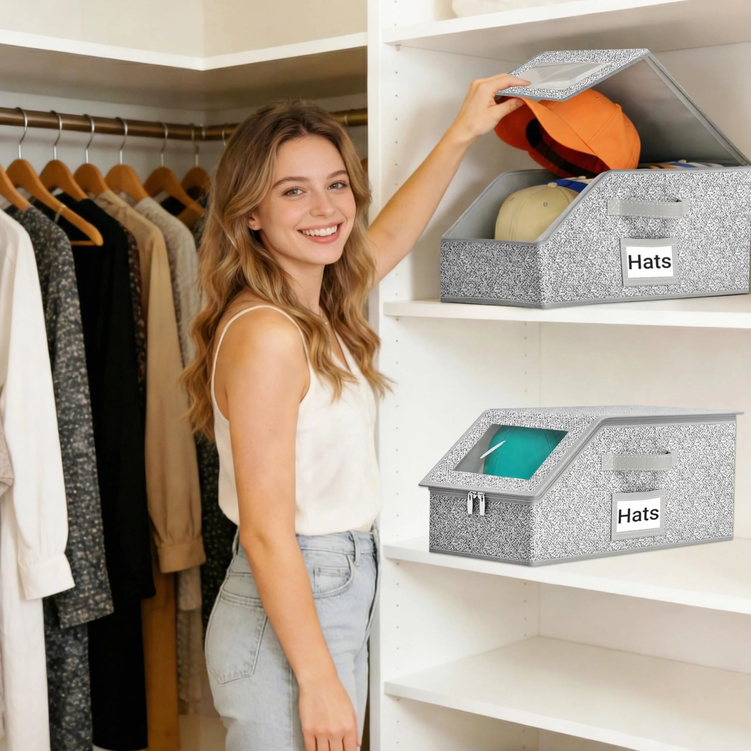 Organizzatore Porta Cappelli Pieghevole Anti-Polvere Grande Capacità con Chiusura a Zip 2 Pezzi Grigio