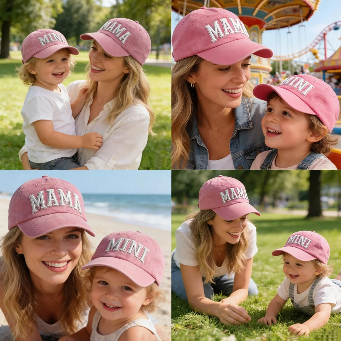 2 Cappellini da Baseball Coordinati per Mamma e Ragazza, Cotone Ricamato Regolabile
