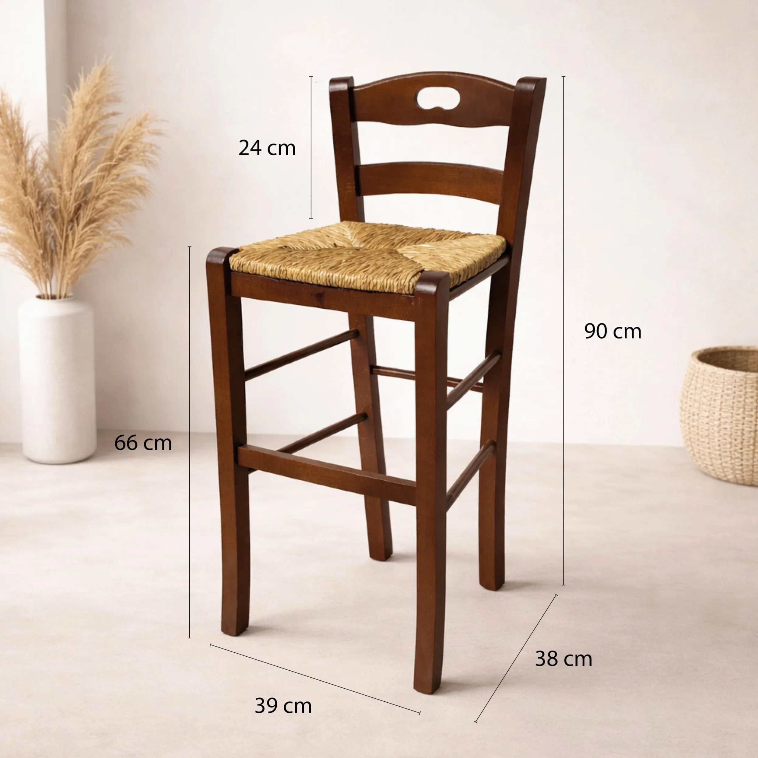 Set Sgabelli in Legno con Seduta Compatta - con Poggiapiedi, Schienale, Struttura Robusta, da Bar, Cucina, Ristorante, Soggiorno, Stile Classico, Rustico - 39X38X90CM (4PZ, Noce)