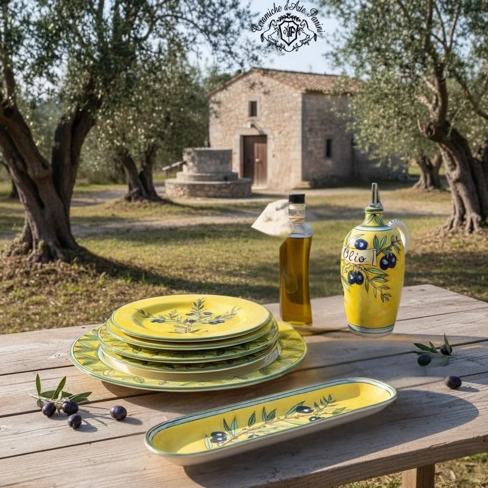 CERAMICHE D'ARTE PARRINI- Ceramica italiana artistica, ampolla olio decorazione olive, dipinto a mano, made in ITALY Toscana