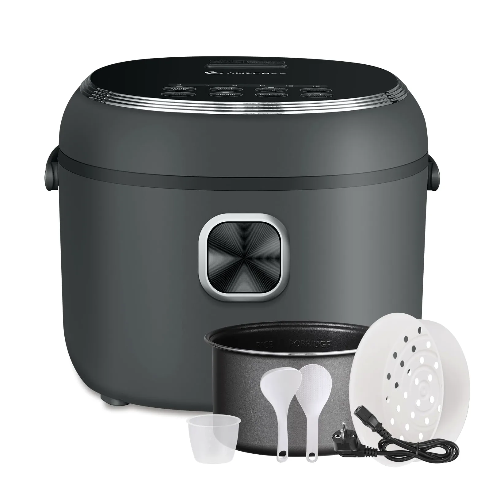 AMZCHEF Mini Cuociriso 2L, Multifunzionale per 1-4 Persone, 4 Tazze (Non Cotte) 400W Rice Cooker, 7 Funzioni di Cottura, con Cestello Vapore Incluso, Preimpostata e Mantenimento in Caldo