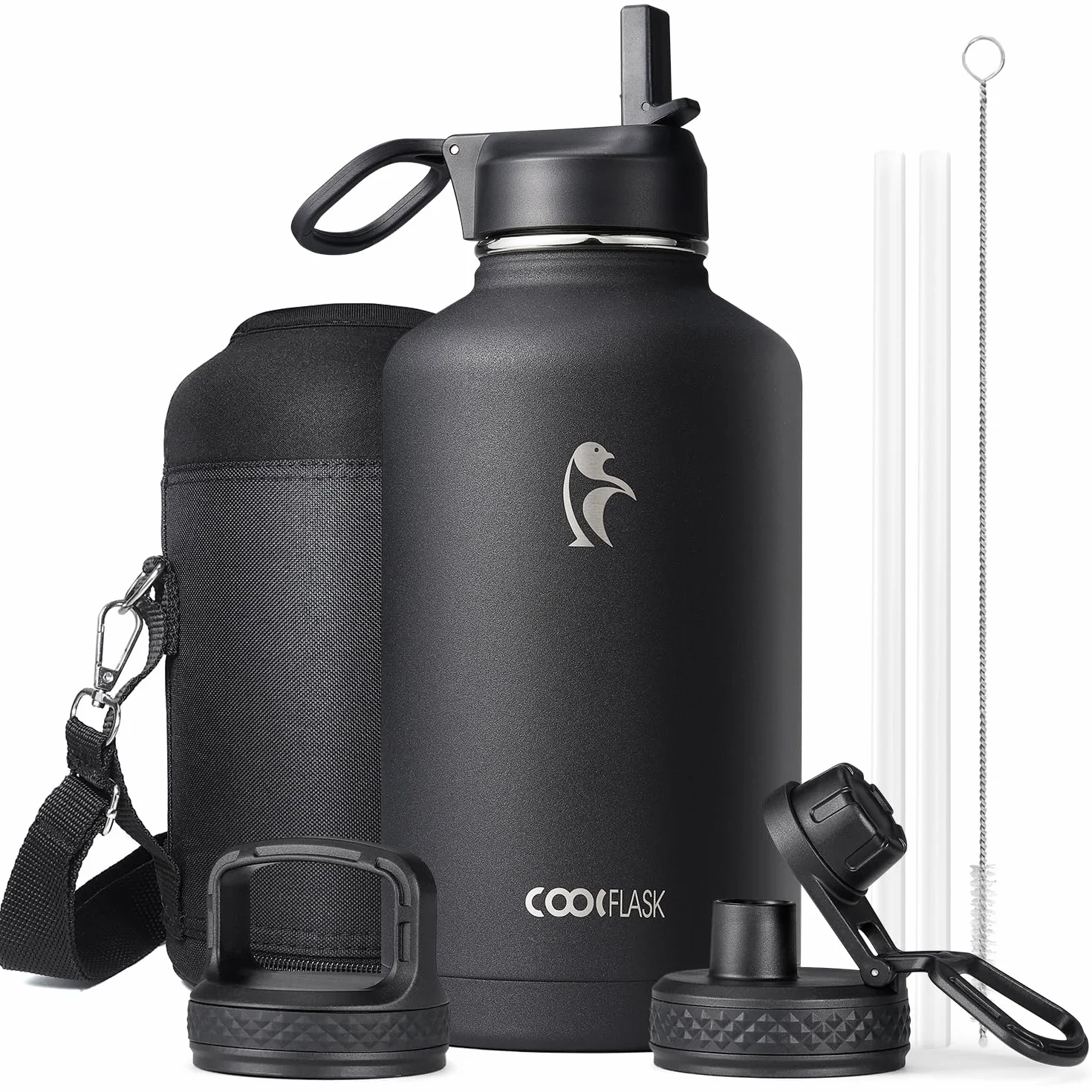 Coolflask Bottiglia D'acqua Isolata 2L con Cannuccia e 3 Coperchi - Doppia Parete Sottovuoto, Nero