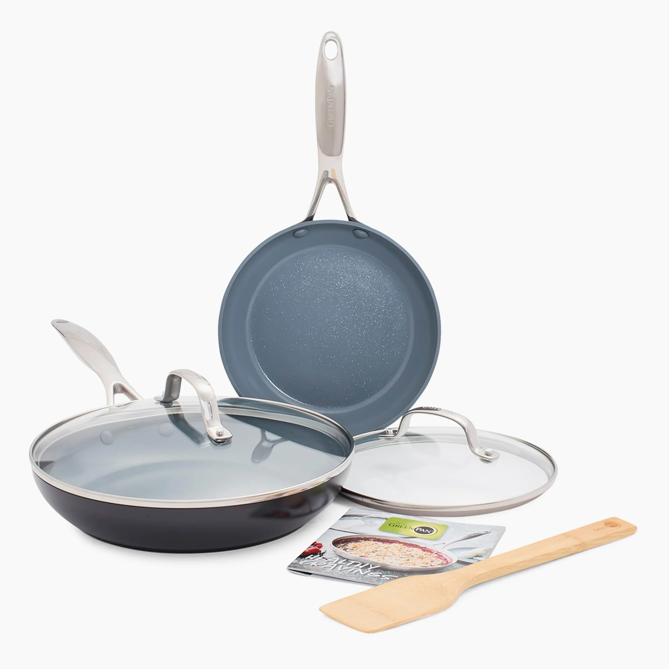 GreenPan Valencia Pro Set 6 Pezzi Padelle con Coperchi Ceramica Antiaderente con Diamanti, Senza PFAS, Utensili Metallo, Induzione, Forno 315 °C, Lavastoviglie, Grigia